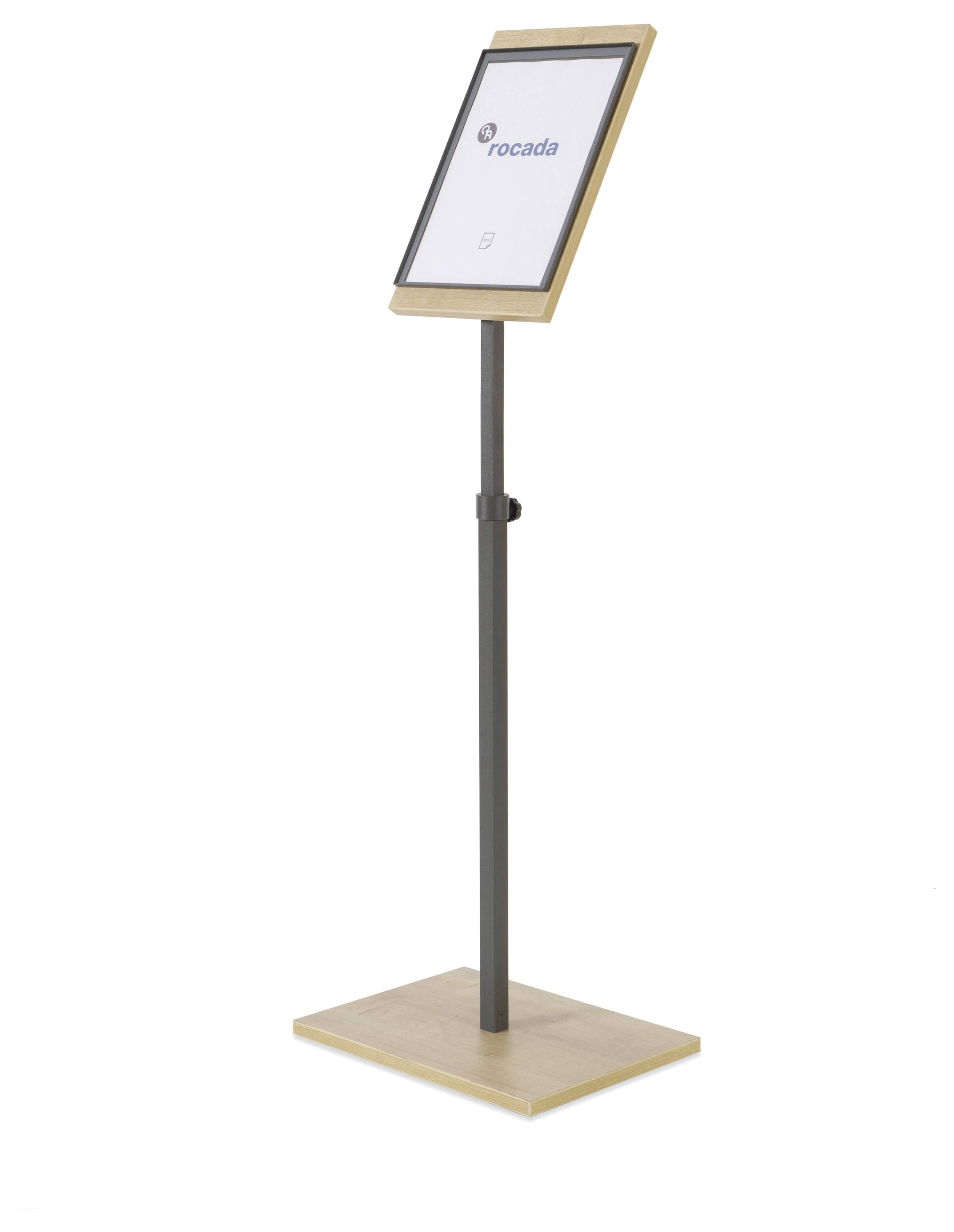 Regulowany stojak informacyjny z kwadratową drewnianą podstawą i tabletem zamocowanym pionowo w uchwycie.