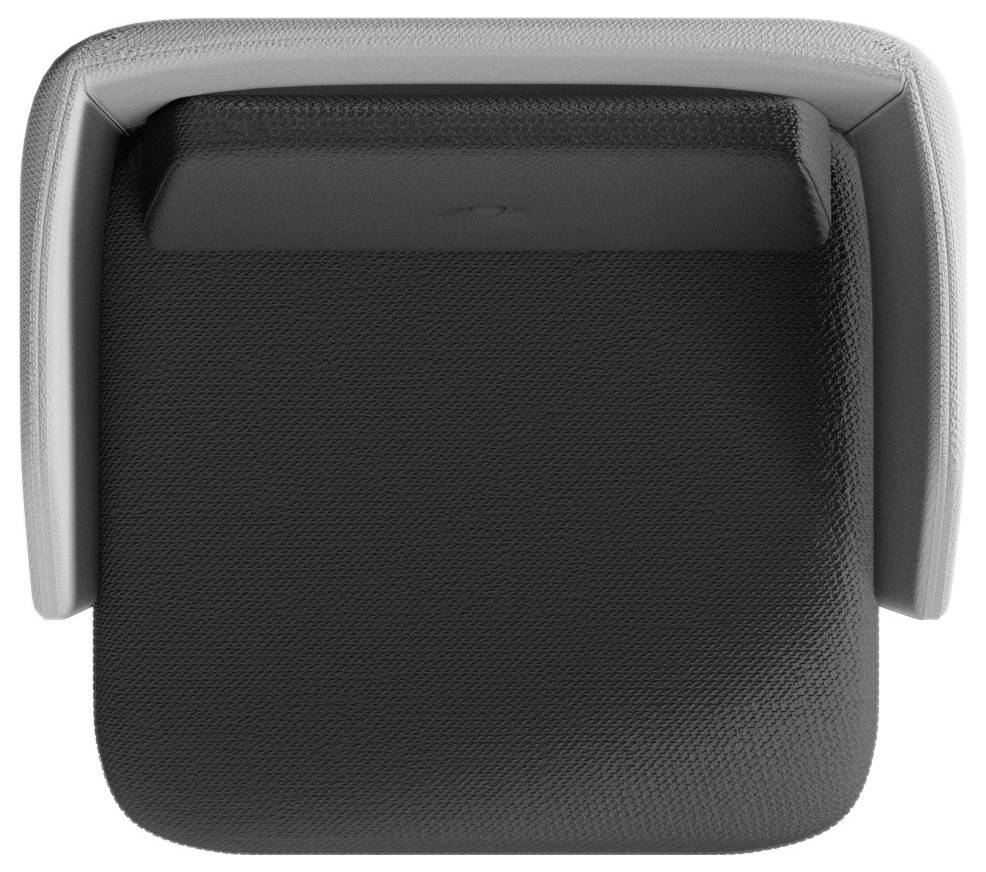 Szary i czarny fotel biurowy, widziany z góry, prezentuje krzywiznę oparcia i tapicerkę.