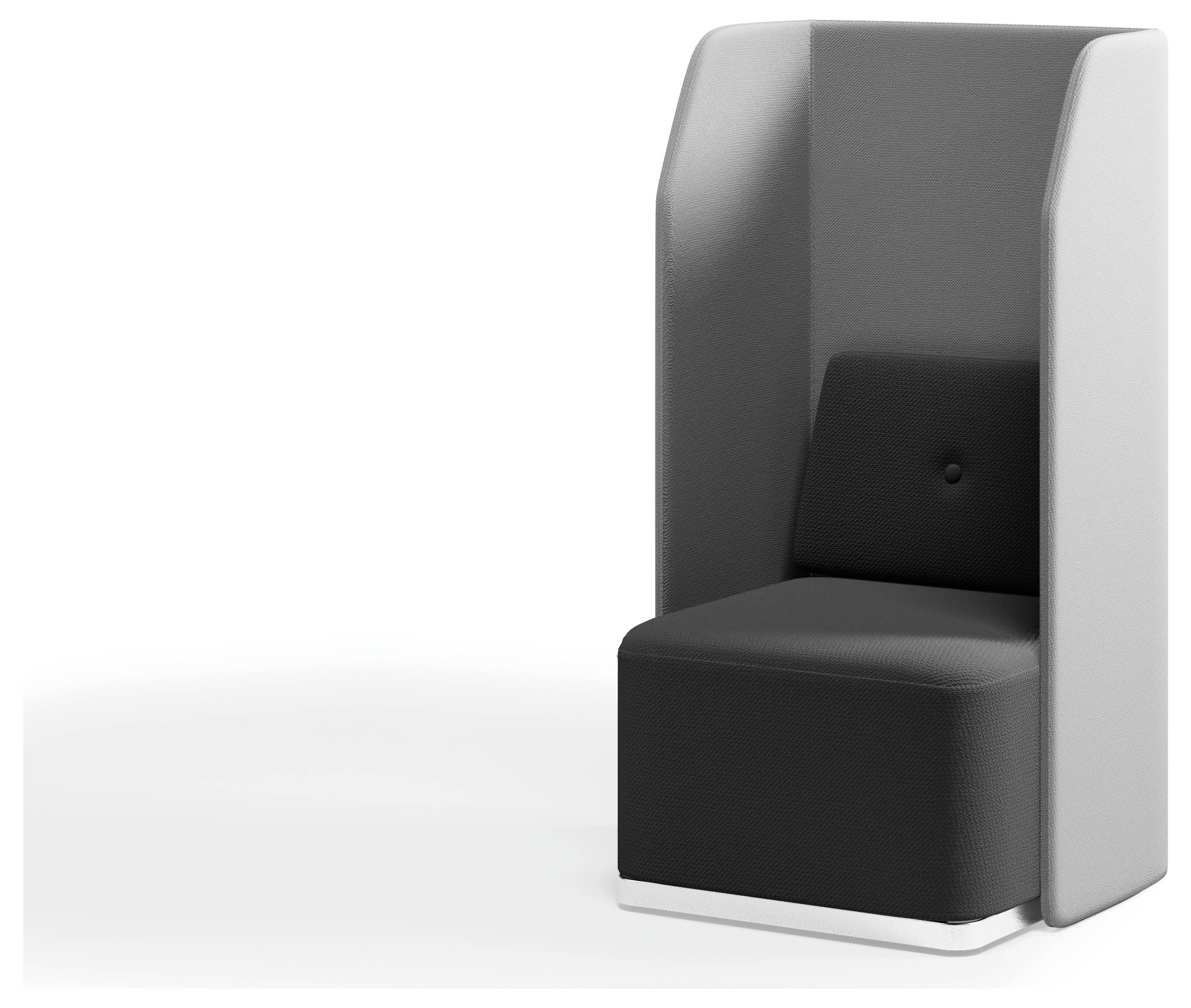 Nowoczesny, pojedynczy szary fotel z wysokim, otulającym oparciem. Idealny do spokojnych, wyizolowanych przestrzeni siedzących.