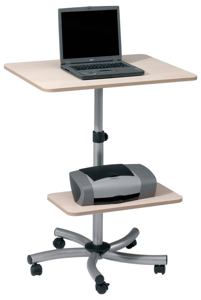 Przenośny stolik komputerowy na kółkach z dwoma poziomami: laptop na górze, drukarka na dole. Idealny do elastycznej pracy.