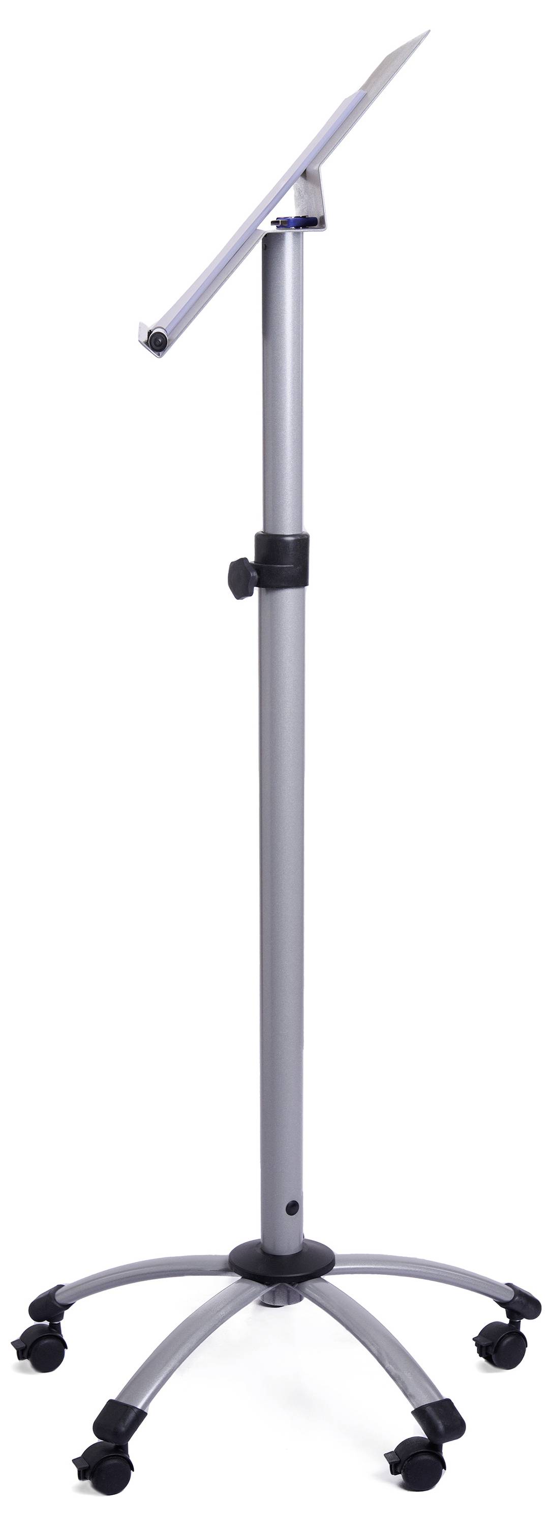 Srebrny, regulowany pulpit na mównicy z pięcioma kółkami. Idealny do prezentacji i wykładów, stabilny i łatwy do przemieszczania.