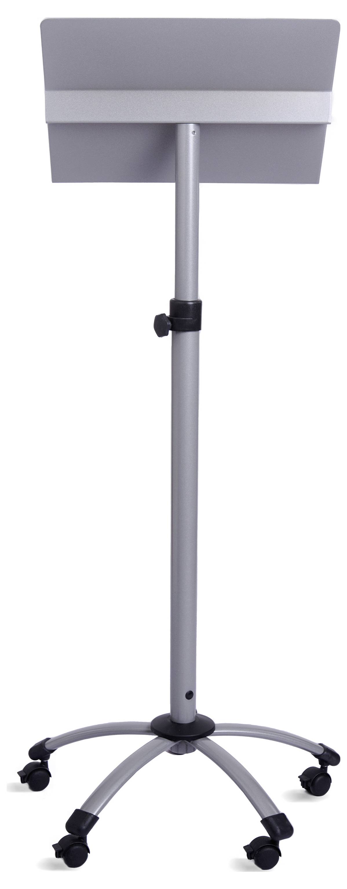 Metalowy, regulowany na wysokość pulpit na kółkach, odpowiedni do prezentacji i wykładów.