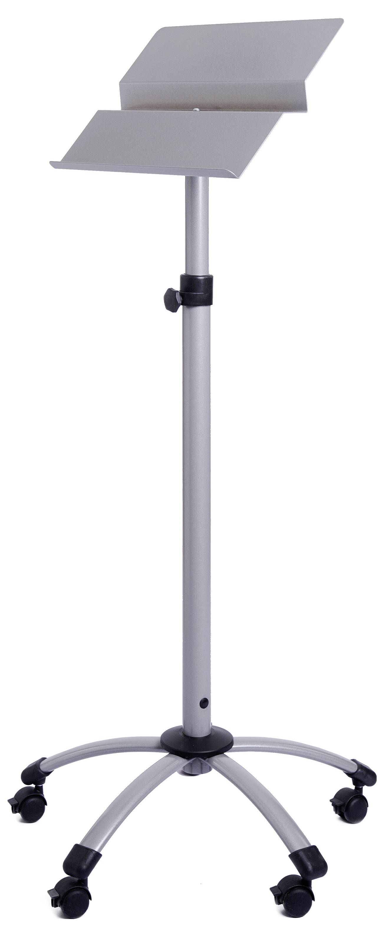 Metalowy pulpit na nuty z regulowaną wysokością i kątem nachylenia, wyposażony w kółka dla łatwego przemieszczania.