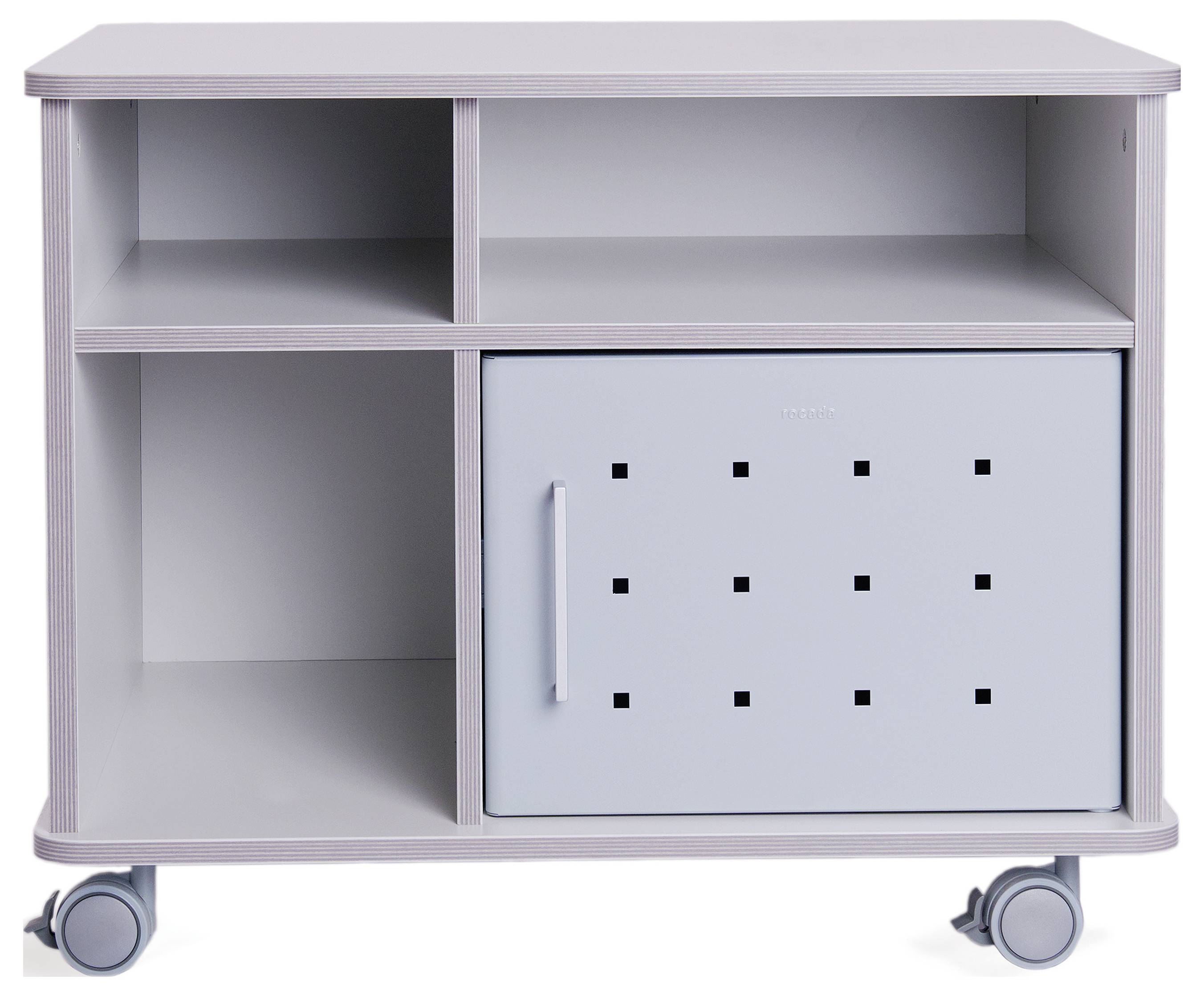 Mobilny, prostokątny kontener na kółkach z dwoma otwartymi przegrodami i zamykanymi drzwiczkami, przeznaczony do organizacji przestrzeni biurowej.