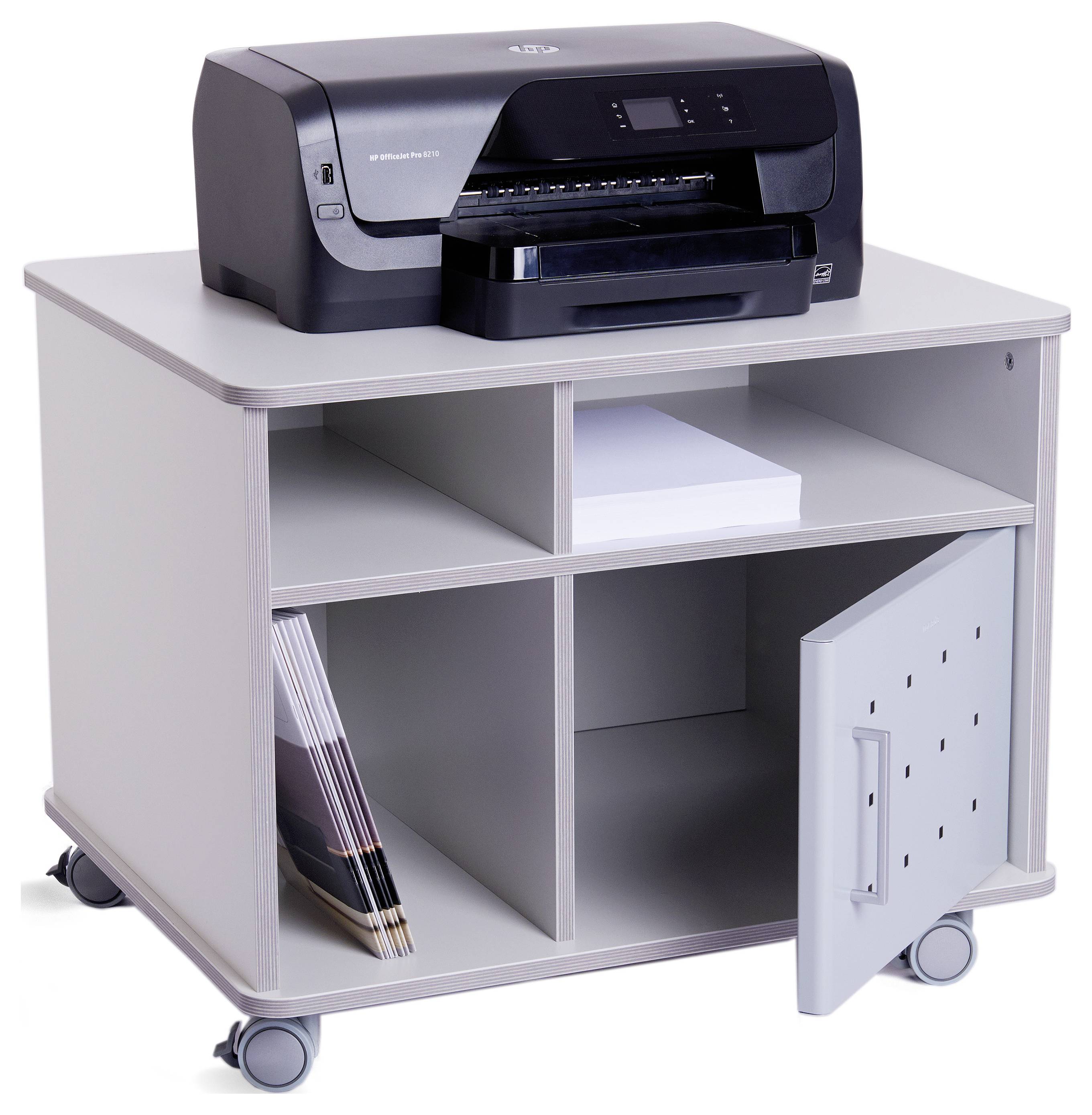 Drukarka na szarym wózku z szufladami, w których przechowuje się papier i czasopisma. Jedna z szuflad posiada drzwiczki.
