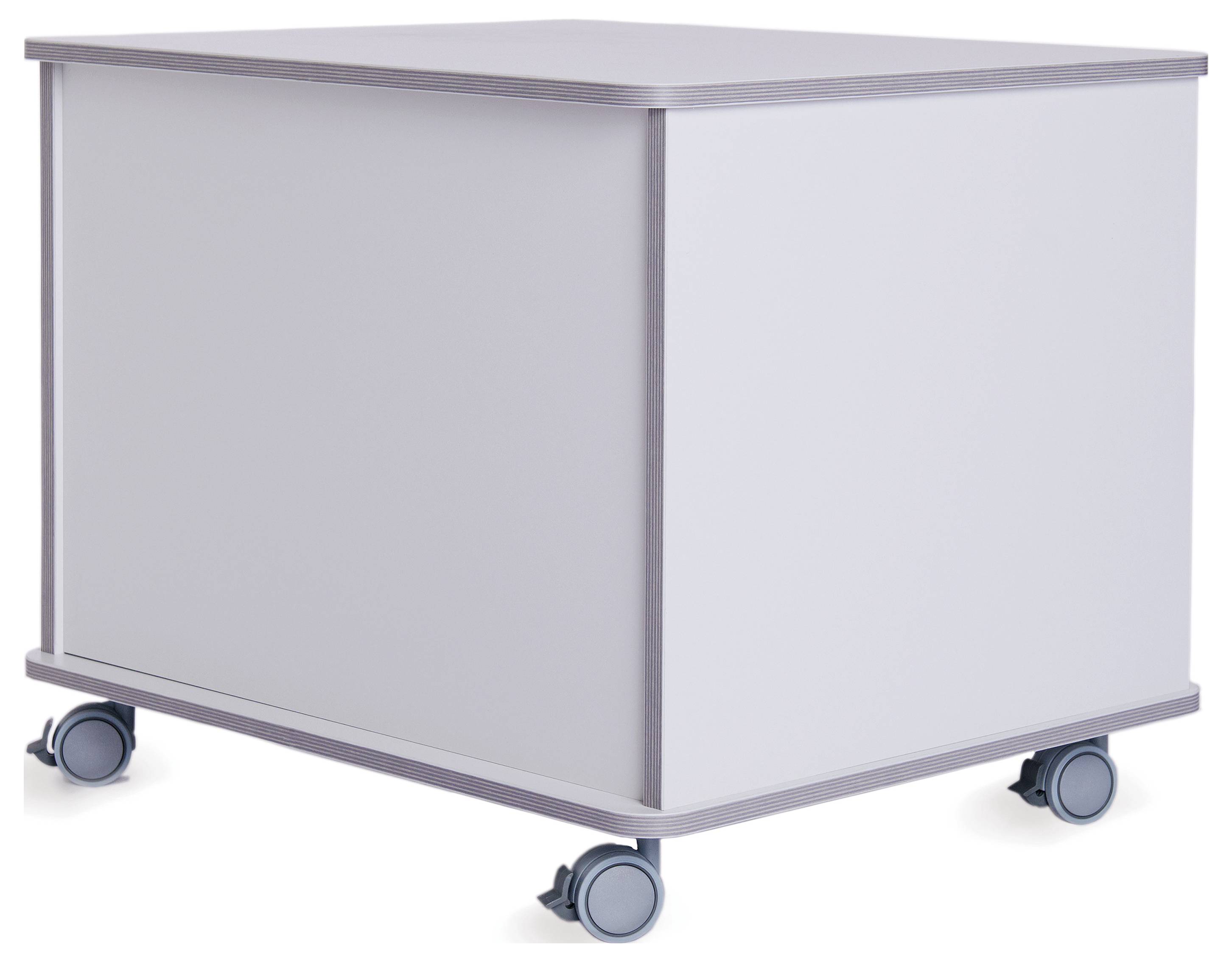 Biały, kwadratowy kontener na kółkach z czterema kółkami. Idealny jako mobilna przestrzeń do przechowywania w biurze lub mieszkaniu.