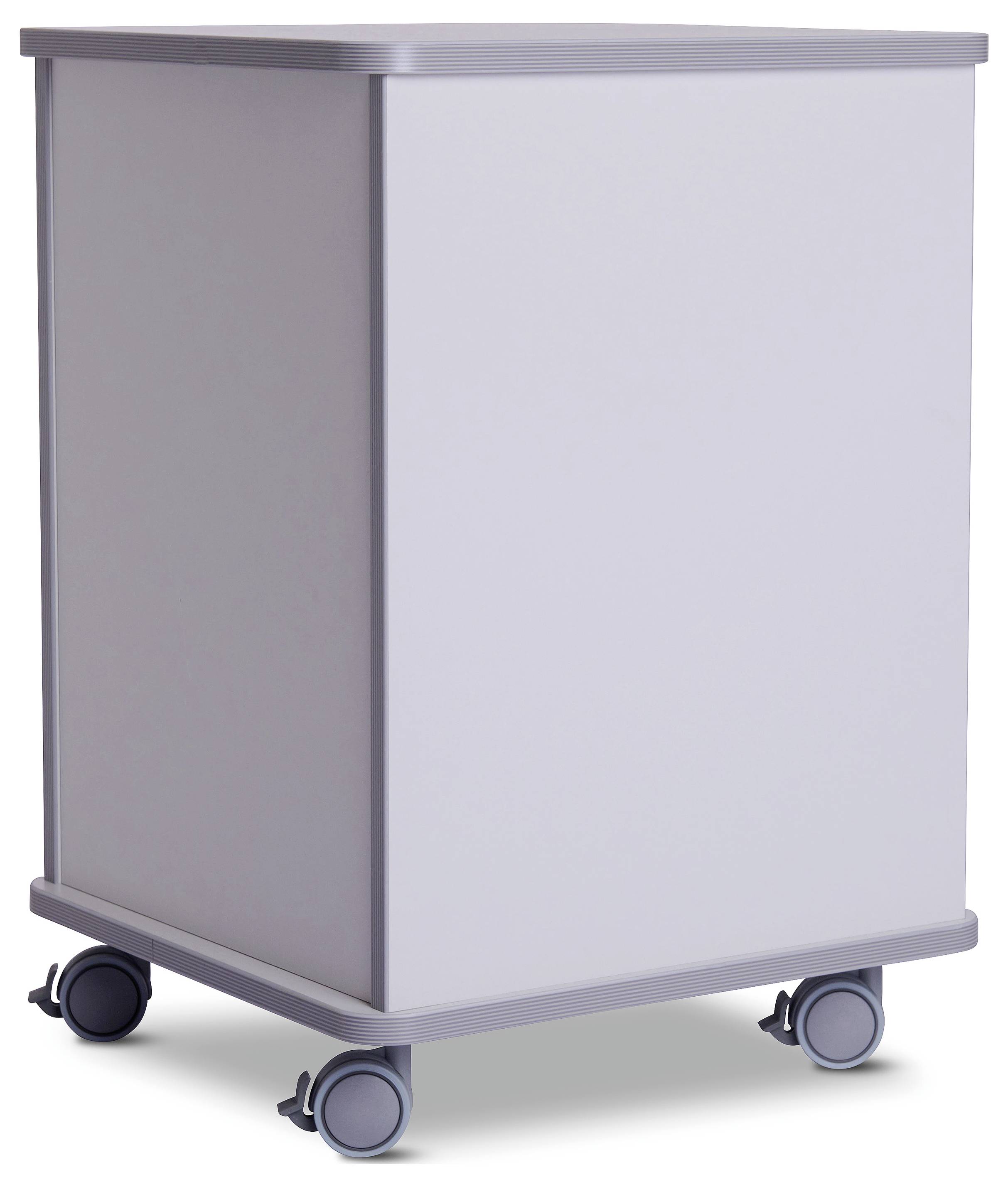 Szary kontener biurowy na czterech kółkach, przydatny do przechowywania lub do użytku w biurze.