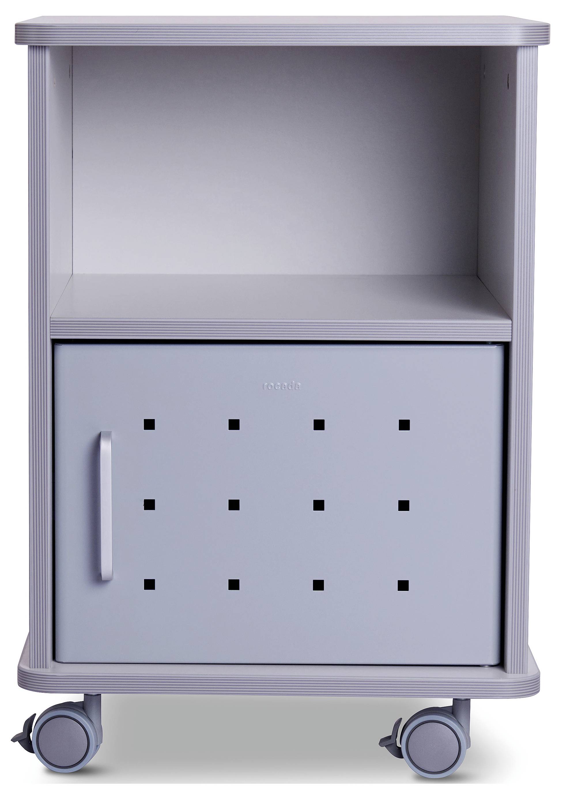 Szara szafka pomocnicza na kółkach z kwadratowymi otworami w drzwiach, przydatna do przechowywania materiałów biurowych.