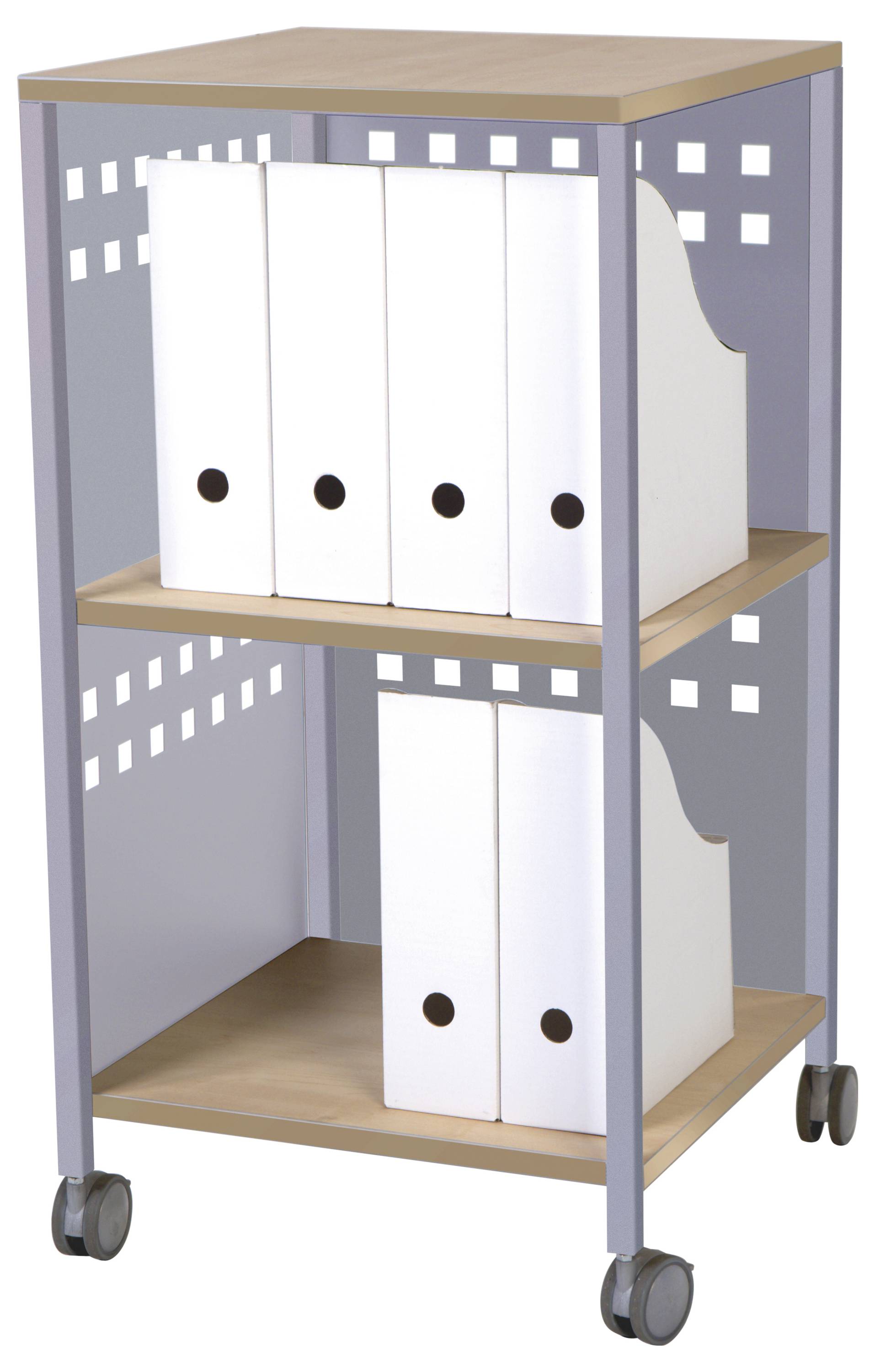 Wózek na kółkach z dwoma półkami, na których stoją białe segregatory. Wózek posiada srebrne metalowe poprzeczki i powierzchnię naśladującą drewno.