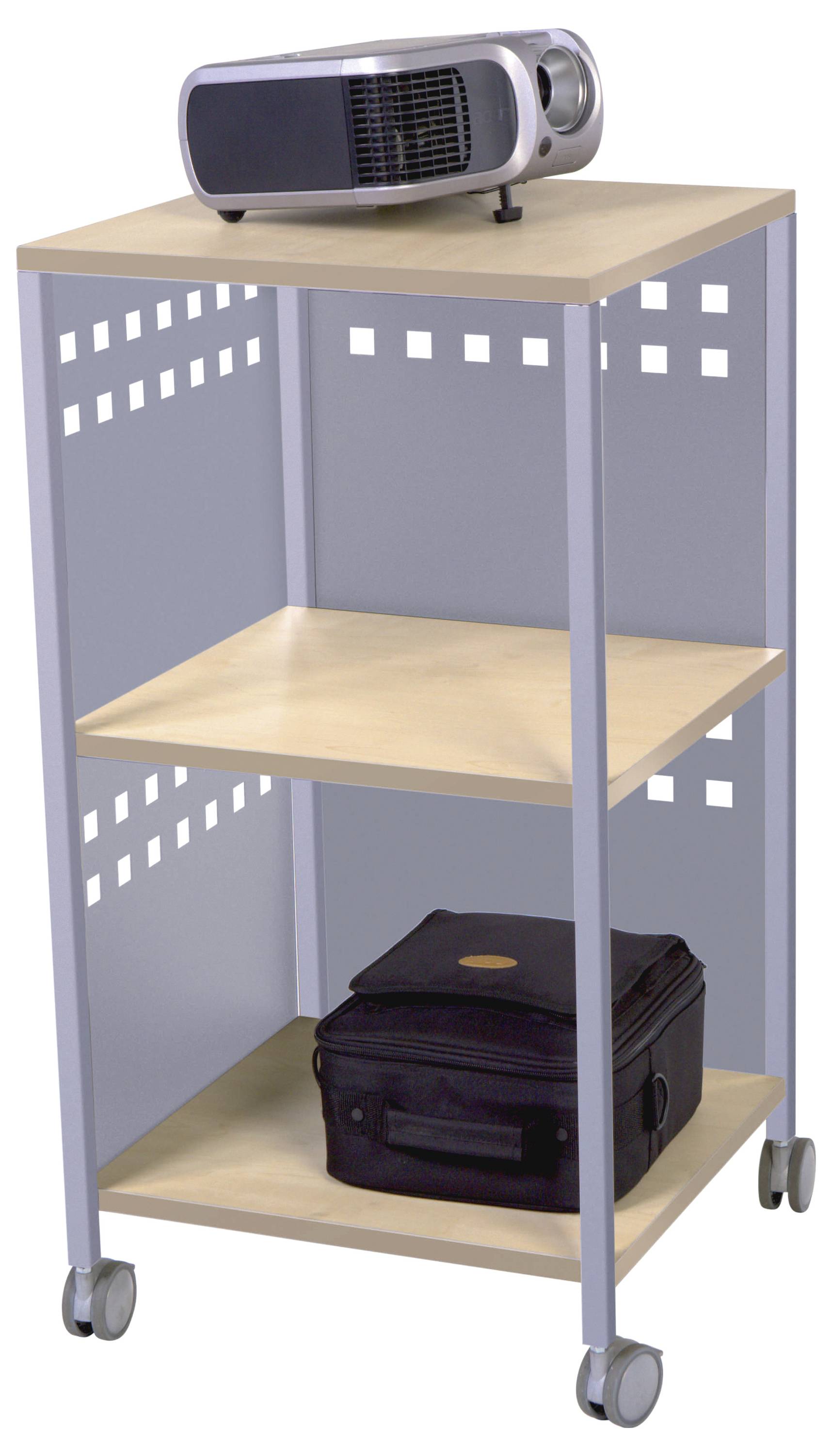 Mobilny wózek prezentacyjny z trzema półkami, na górnej półce stoi projektor, na środkowej czarny kufer.