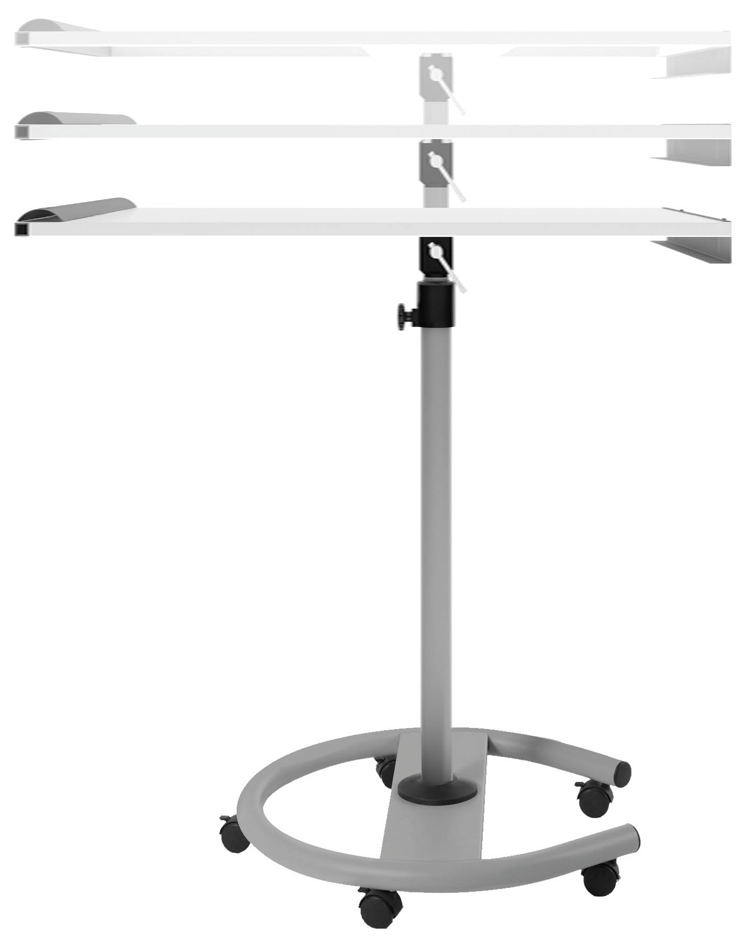 Stół z regulacją wysokości, wyposażony w cztery kółka, zapewnia elastyczne użytkowanie i łatwe przemieszczanie.