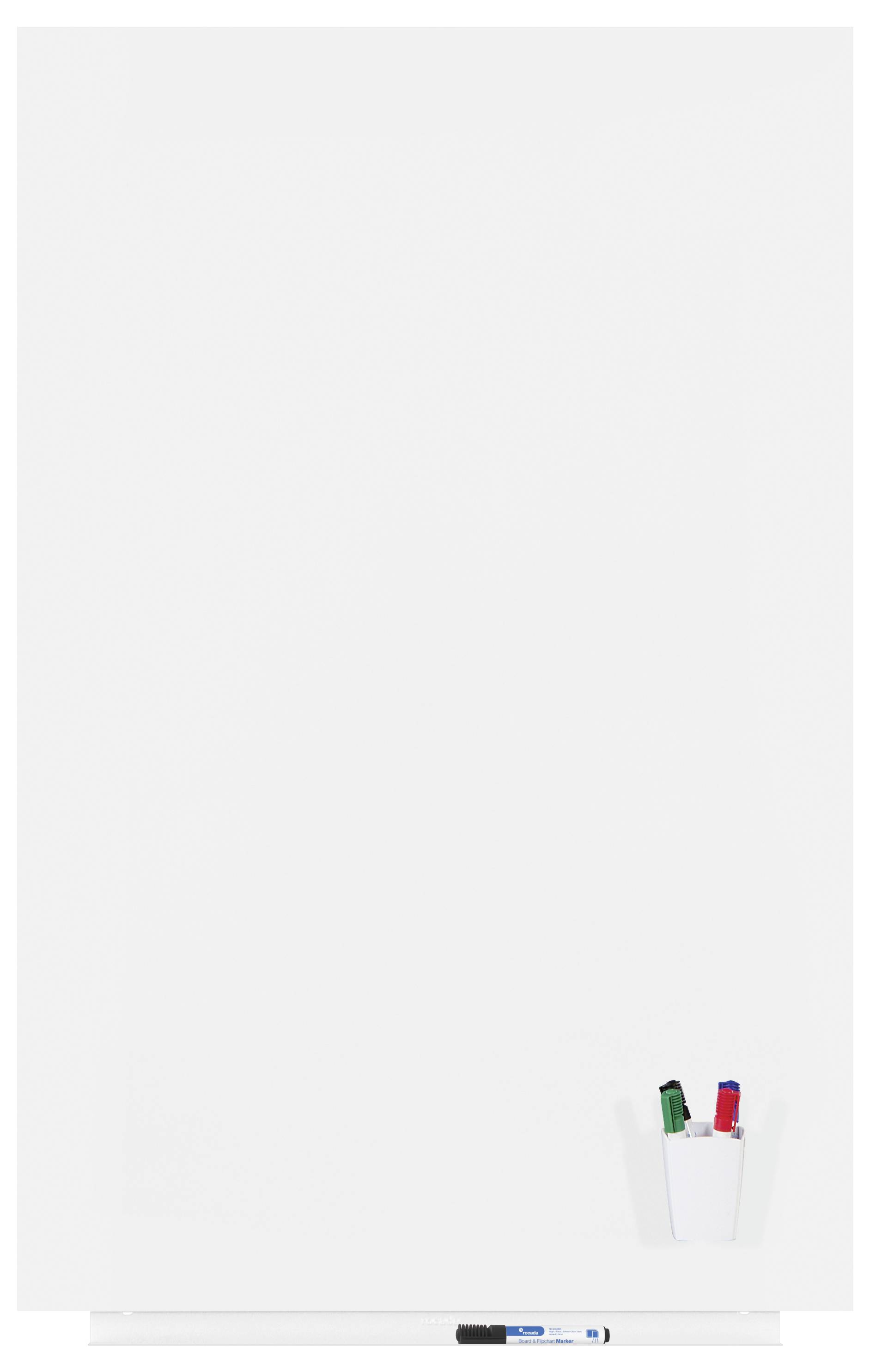 Pusta biała tablica z magnetycznym uchwytem na pisaki, zawierająca czerwone i zielone markery.