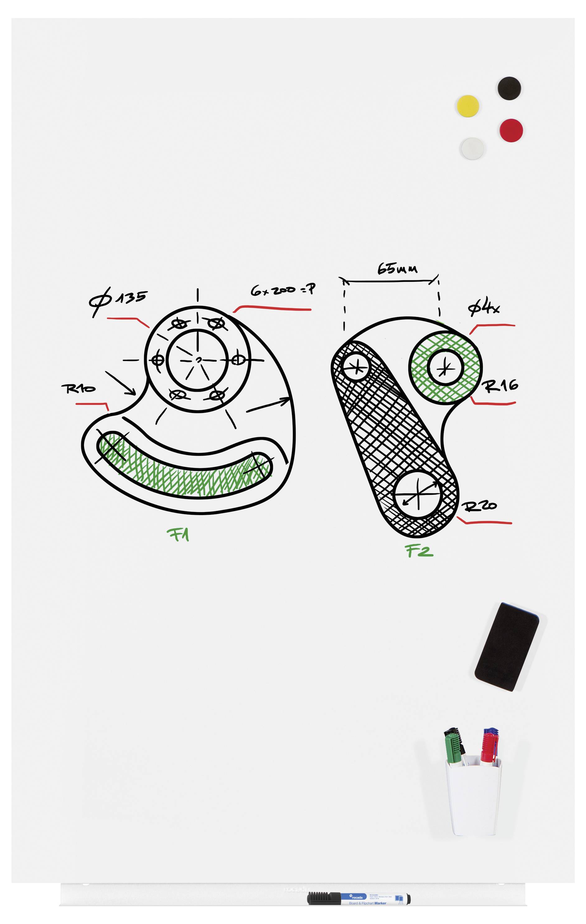 Rysunek techniczny przedstawia dwa elementy mechaniczne z wymiarami i notatkami na białej tablicy. Oznaczenia wykonane są w kolorach zielonym, czerwonym i czarnym.