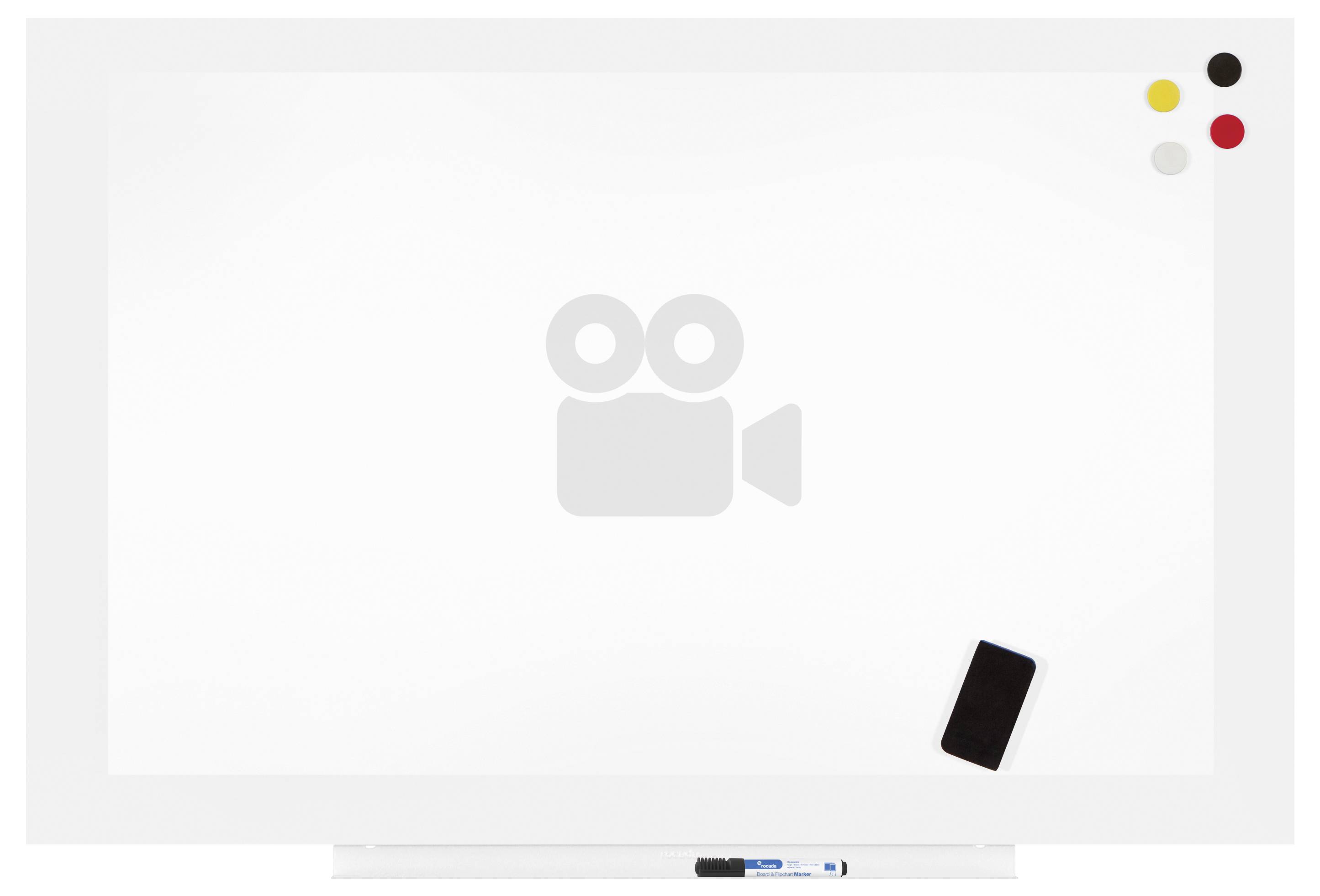 Białe prezentacyjne tablio suchościeralne z symbolem kamery wideo na środku oraz czarnym smartfonem i niebieskim długopisem ułożonymi na jego powierzchni.