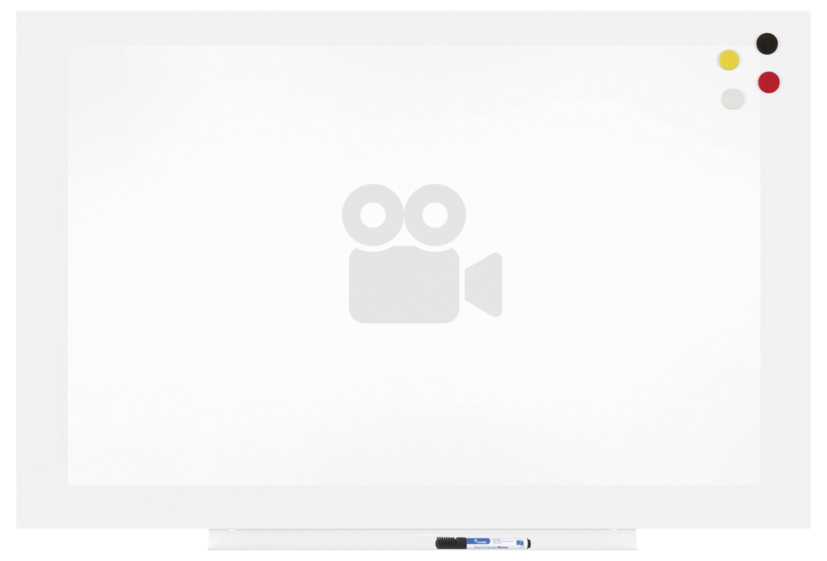 Pusta tablica białościenna z pisakami w uchwytach u dołu. W prawym górnym rogu trzy magnesy w kolorach czerwonym, żółtym i czarnym.