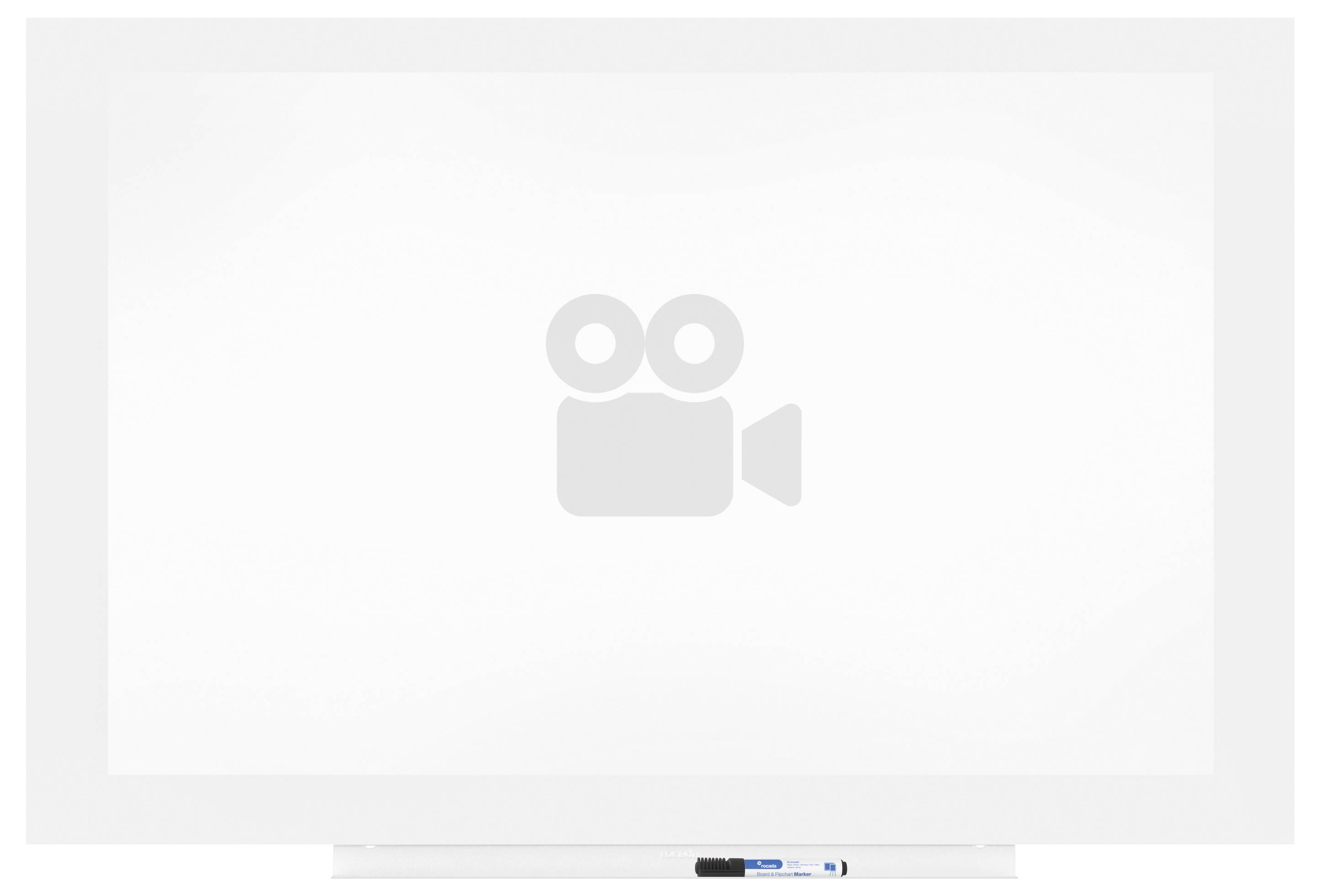 Pusta biała tablica z szarym symbolem kamery pośrodku, poniżej długopis.