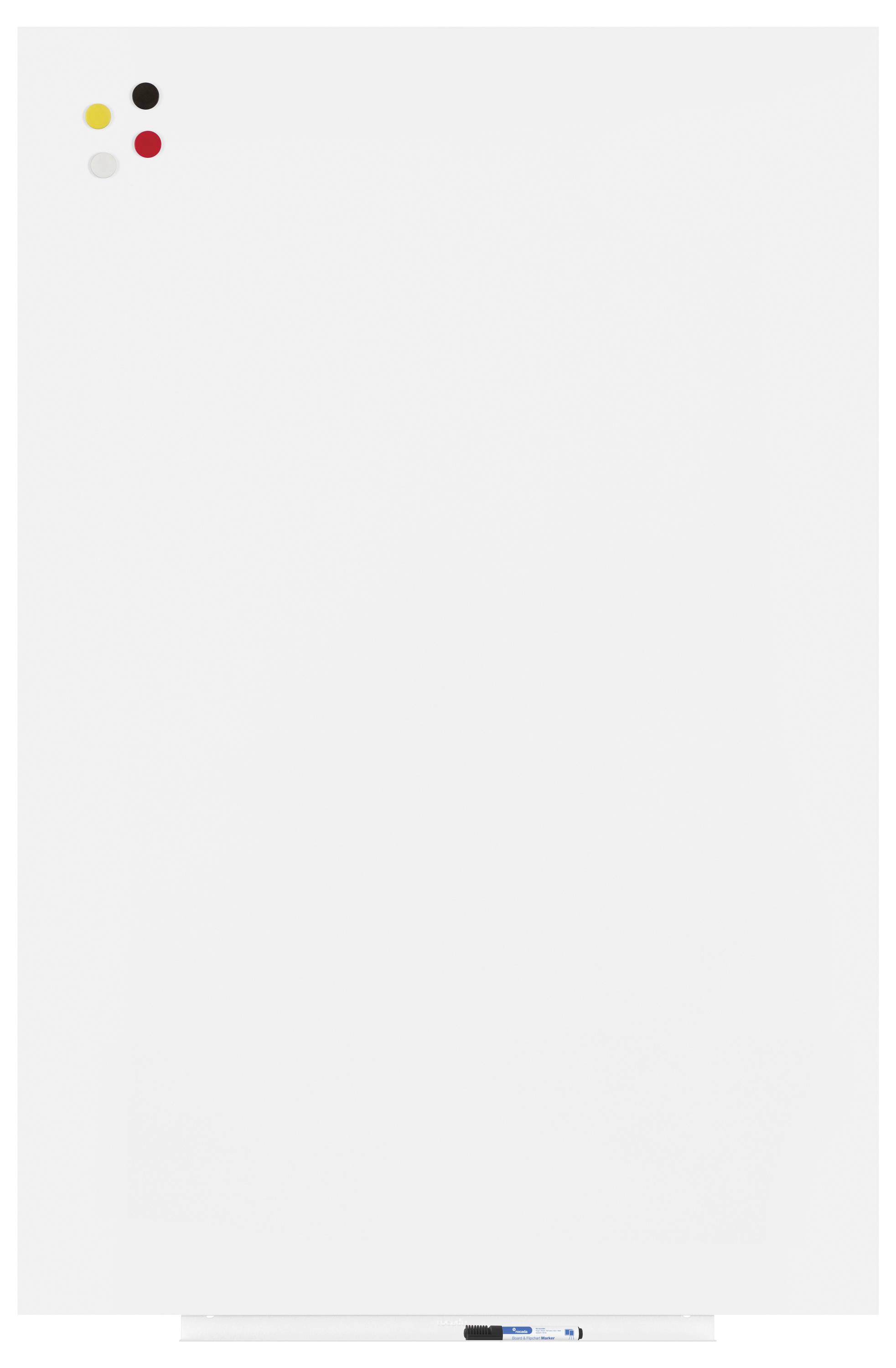 Pionowa, biała płaszczyzna z trzema małymi kolorowymi kółkami w lewym górnym rogu: żółtym, czarnym i czerwonym.