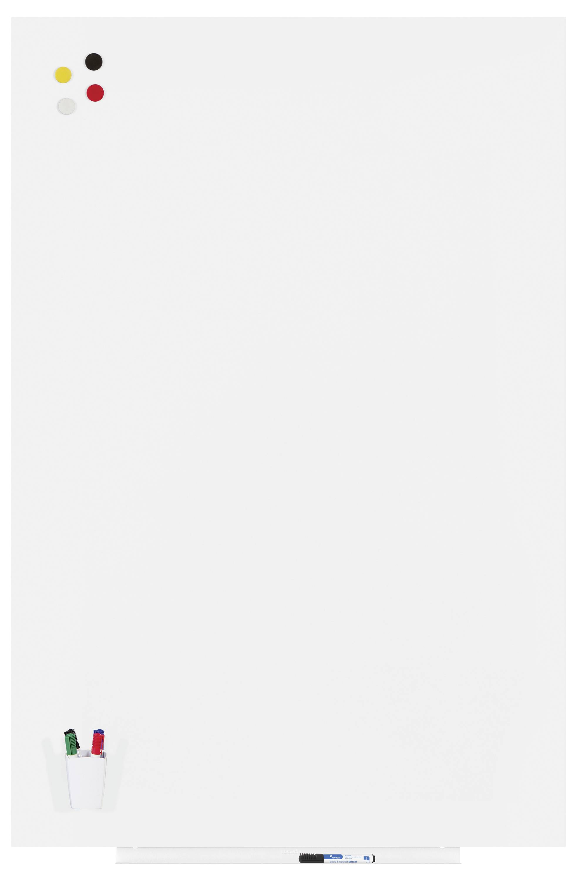 Pusta tablica białkowa z trzema zaznaczeniami (czarnym, żółtym, czerwonym) w lewym górnym rogu oraz pojemnikiem z czerwonymi i zielonymi pisakami w lewym dolnym rogu.