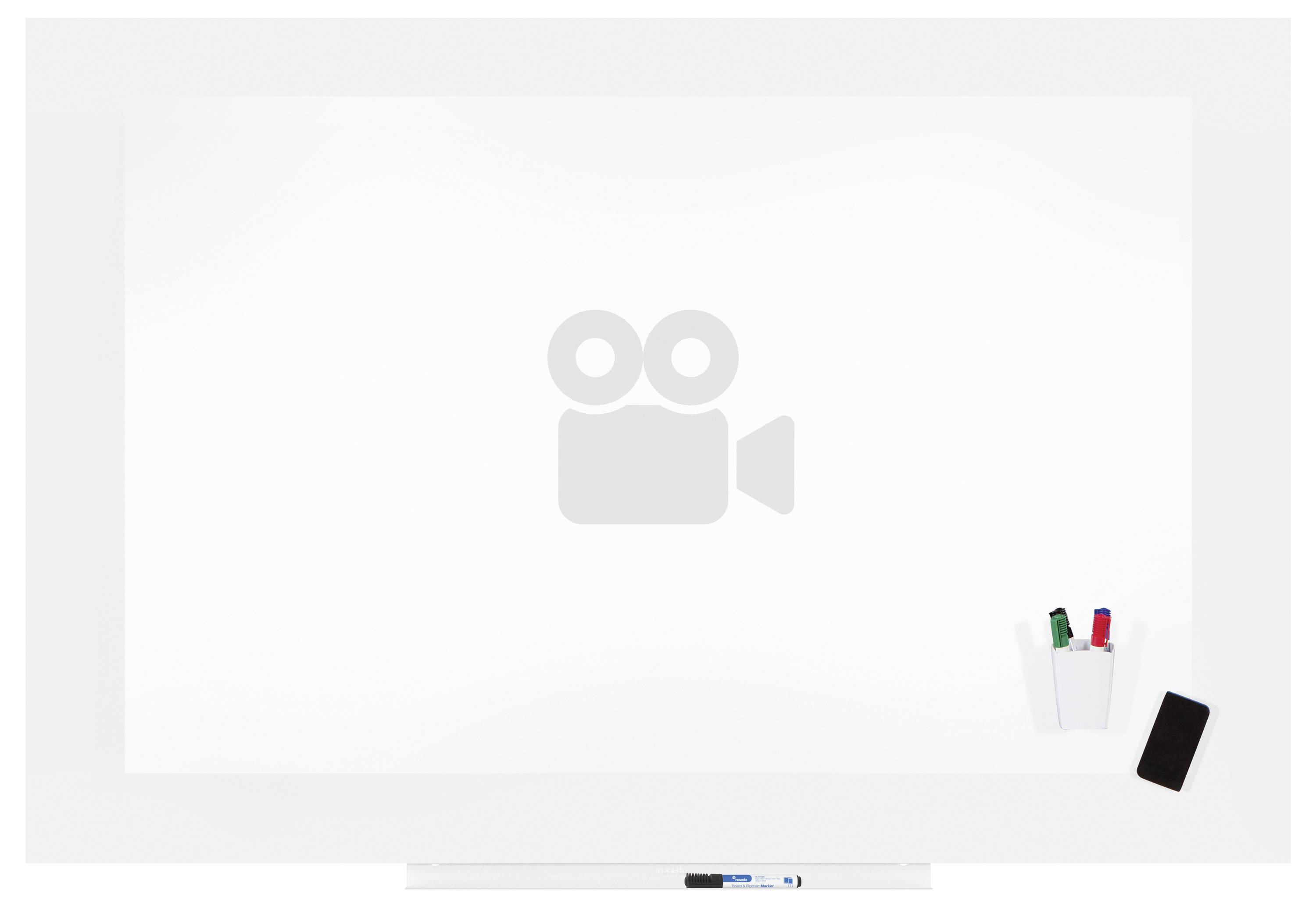Biała tablica z trzema markerami i czarnym smartfonem w prawym dolnym rogu.