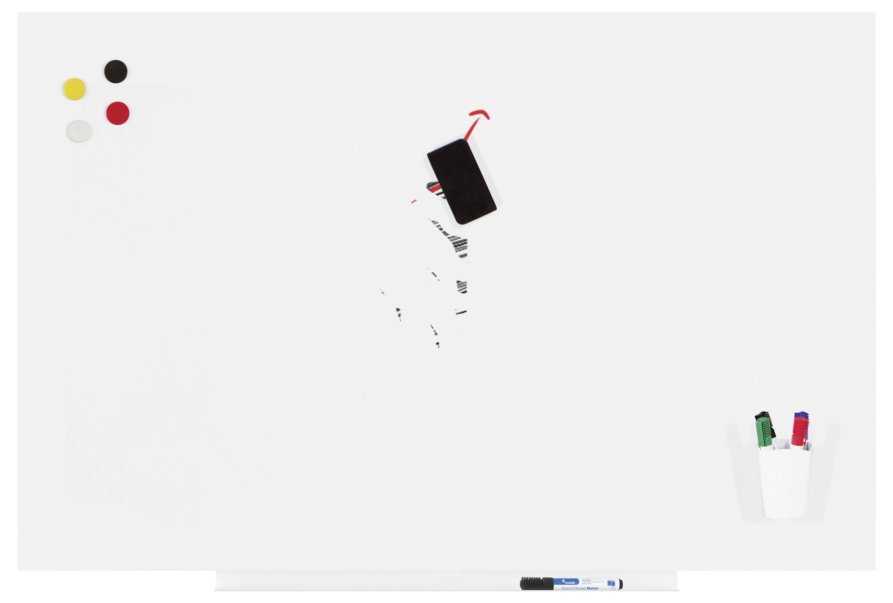 Biała tablica z czarną gąbką do ścierania, kolorowymi magnesami i pojemnikiem z zielonymi i czerwonymi markerami.