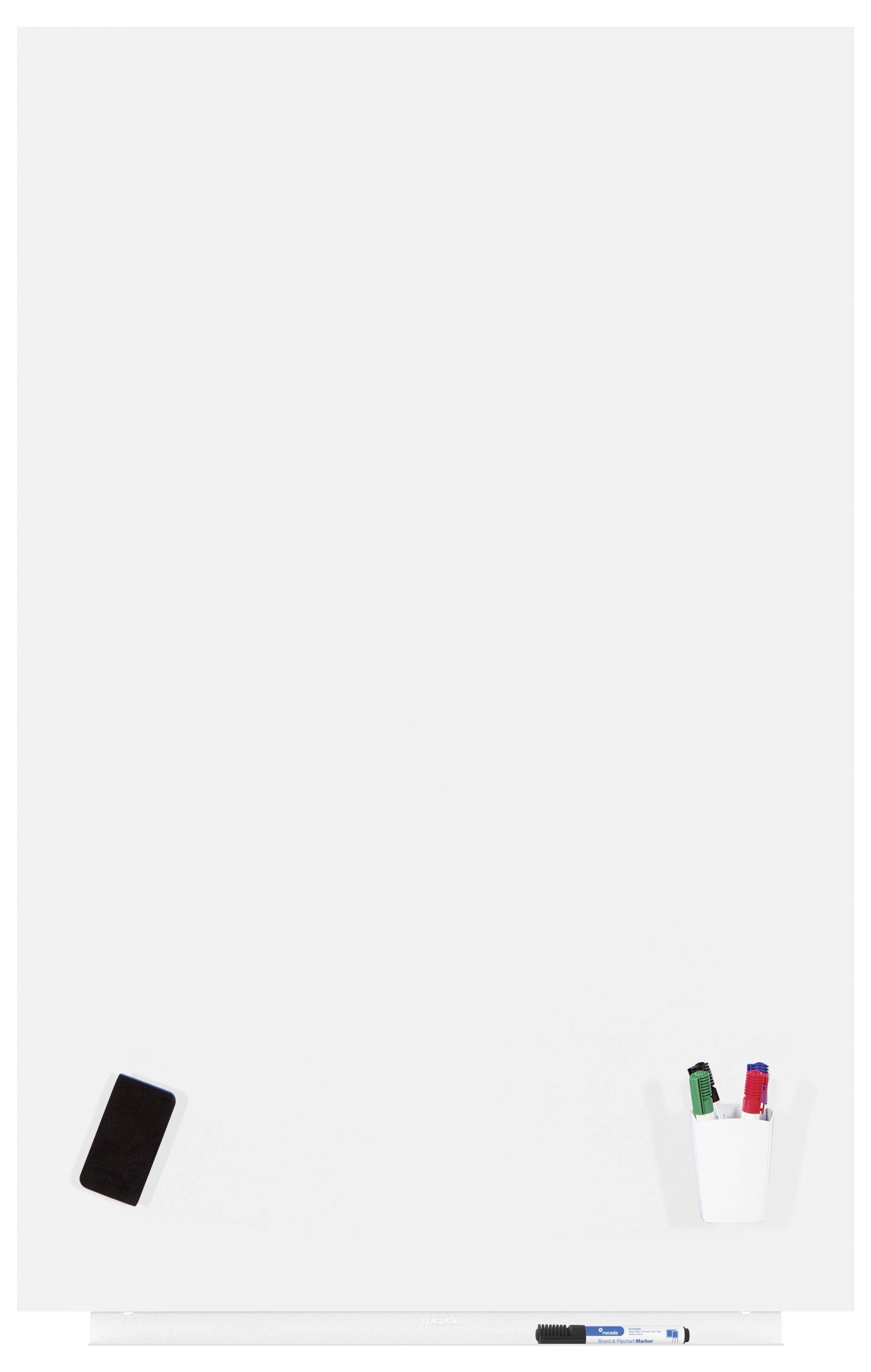 Biała tablica z czarnym smartfonem, czerwonymi i zielonymi piórami w uchwycie oraz niebieskim i czarnym piórem na dole.