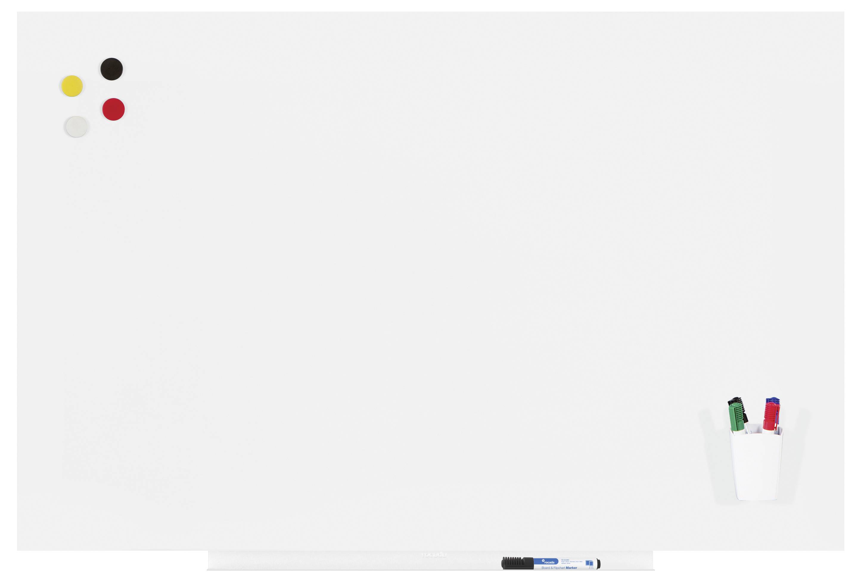 Biała tablica suchościeralna z trzema kolorowymi magnesami (żółtym, czerwonym, czarnym) w lewym górnym rogu oraz pojemnikiem na pisaki w prawym dolnym rogu.