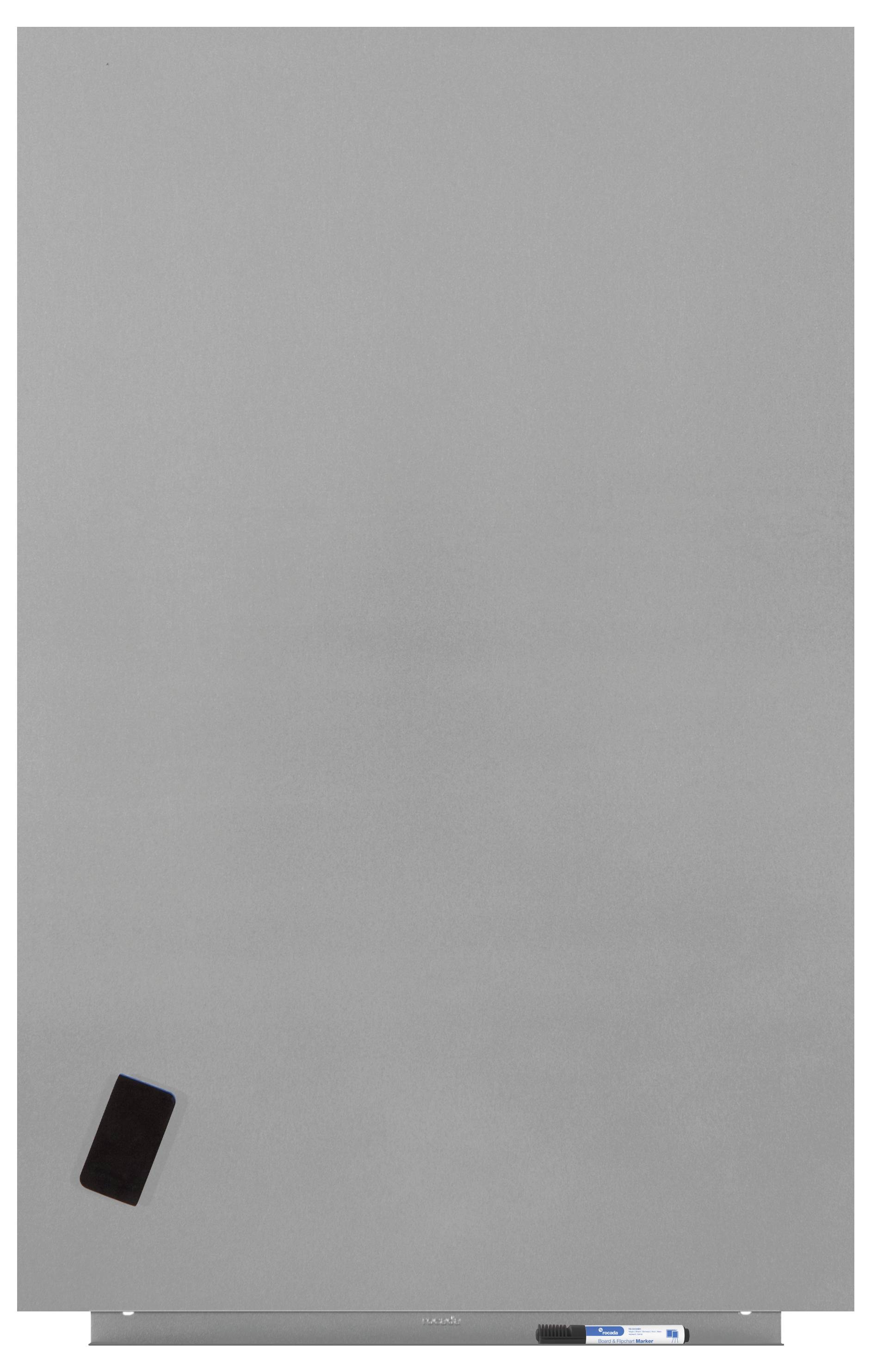 Pusta szara powierzchnia tablicy, z małym czarnym prostokątem przyczepionym w lewym dolnym rogu oraz uchwytem na marker na dole.