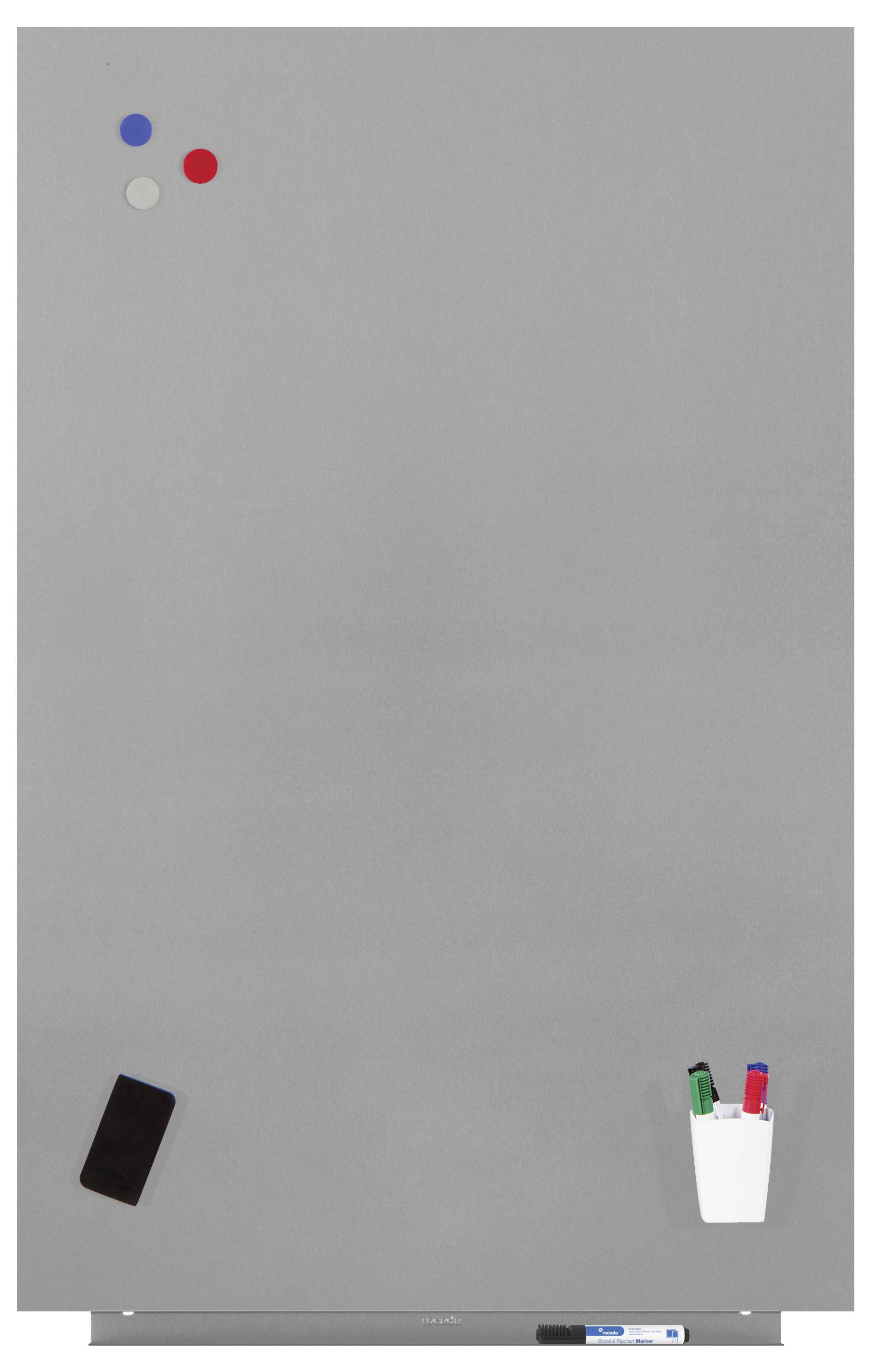 Szara tablica suchościeralna z czerwonym i niebieskim magnesem, pojemnik na przybory z trzema markerami i czarną gąbką do ścierania.