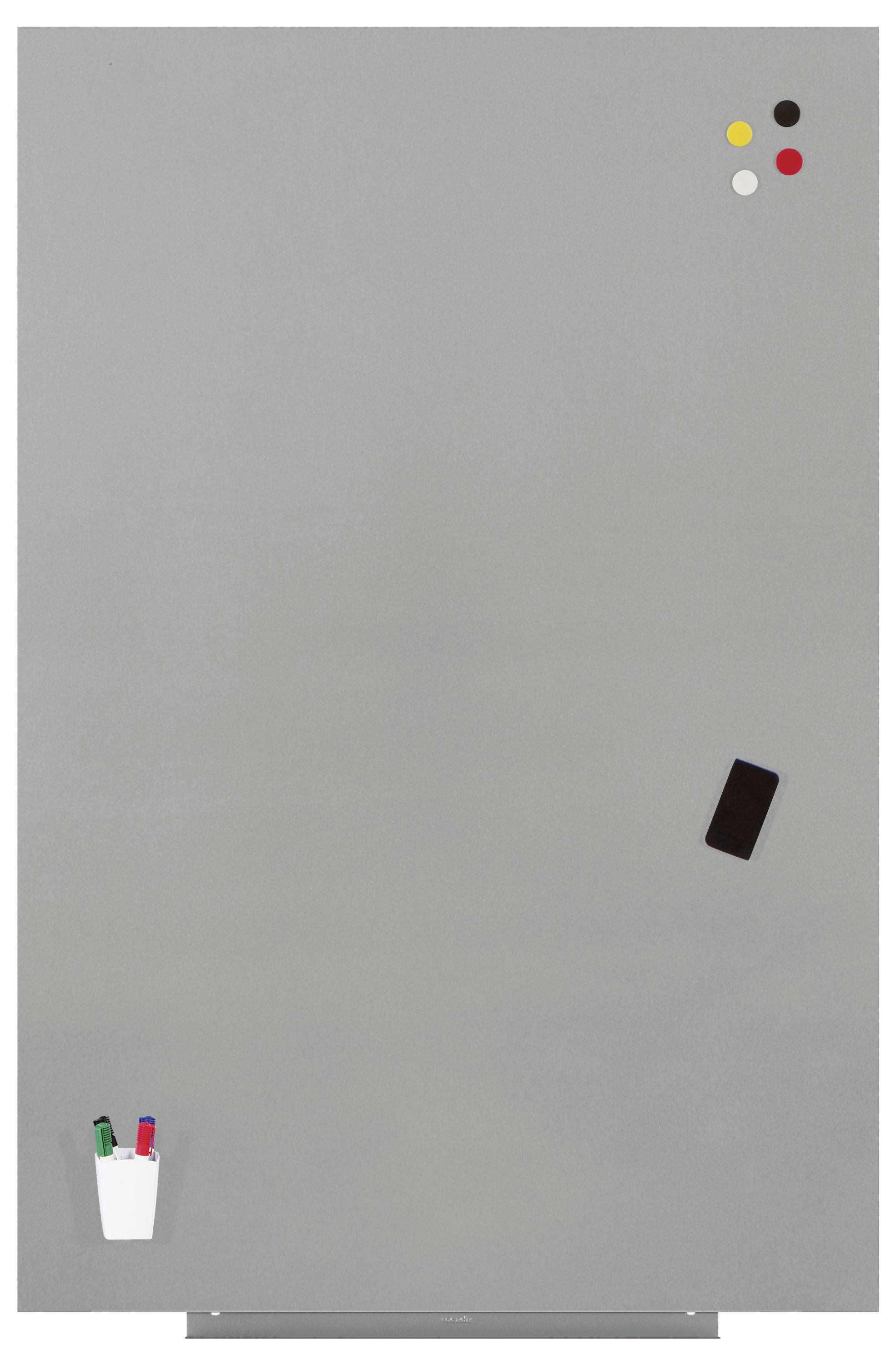 Szara tablica magnetyczna z czarnym smartfonem, małym pojemnikiem na pisaki i kolorowymi magnesami w narożnikach.