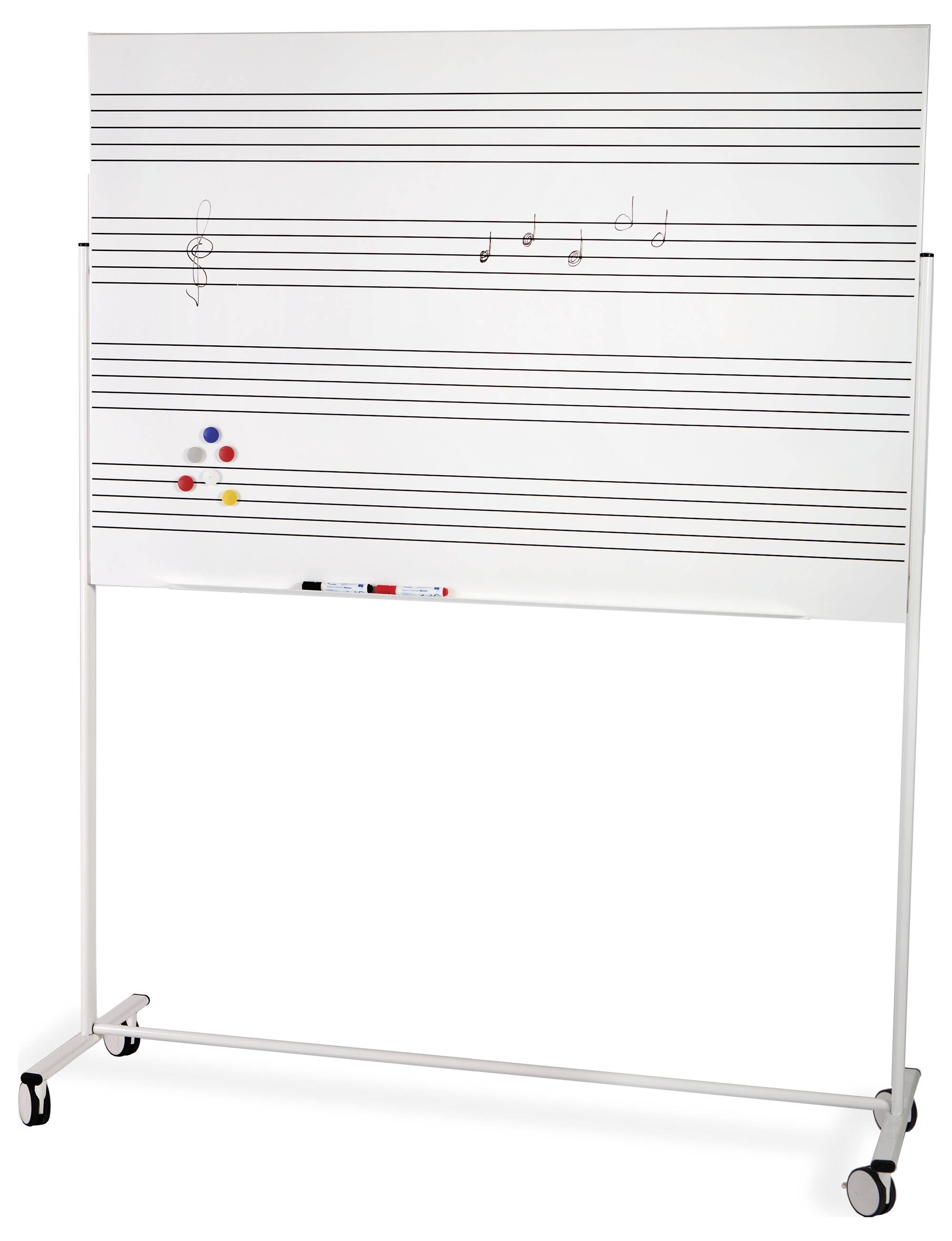 Biała tablica z liniami pięciolinii, na której narysowane są nuty. Magnetyczne kółka i markery u dołu. Stosowana w nauczaniu muzyki.