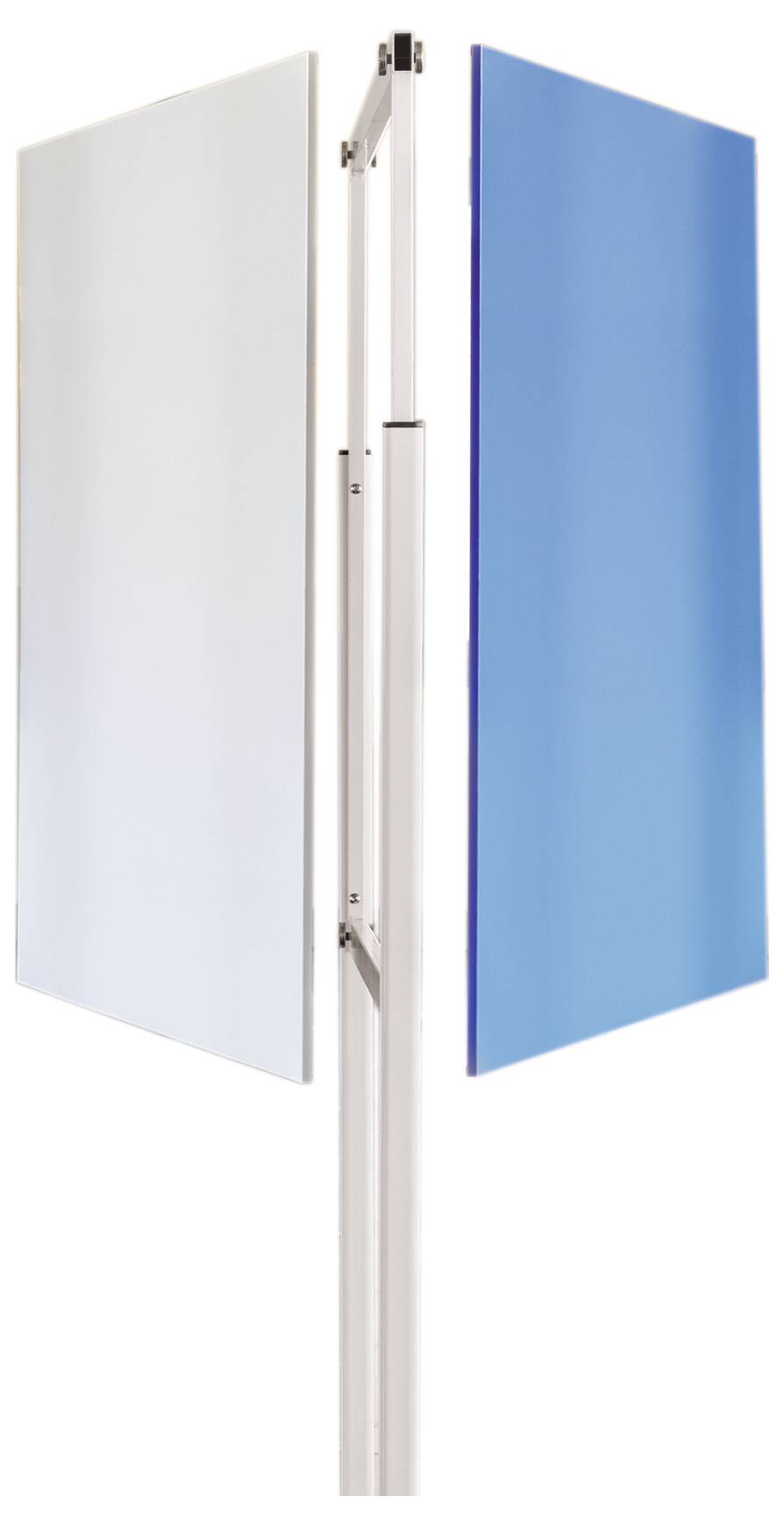 Dwa panele, jeden niebieski i jeden biały, zamontowane na pionowej ramie, przedstawiają konstruktywne zestawienie.
