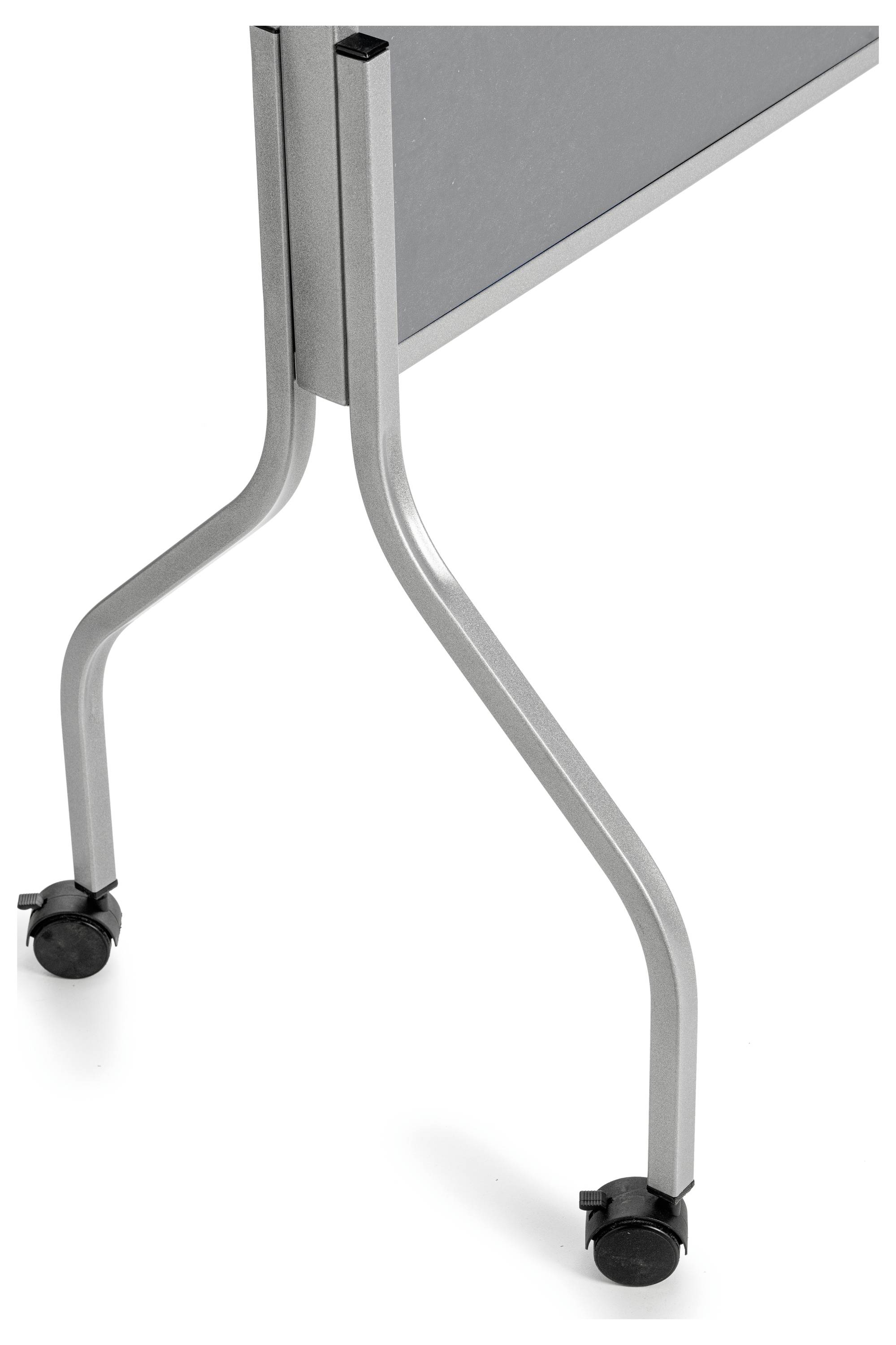 Srebrzysta noga stołowa z kółkami, metalowa rama, nowoczesny design.