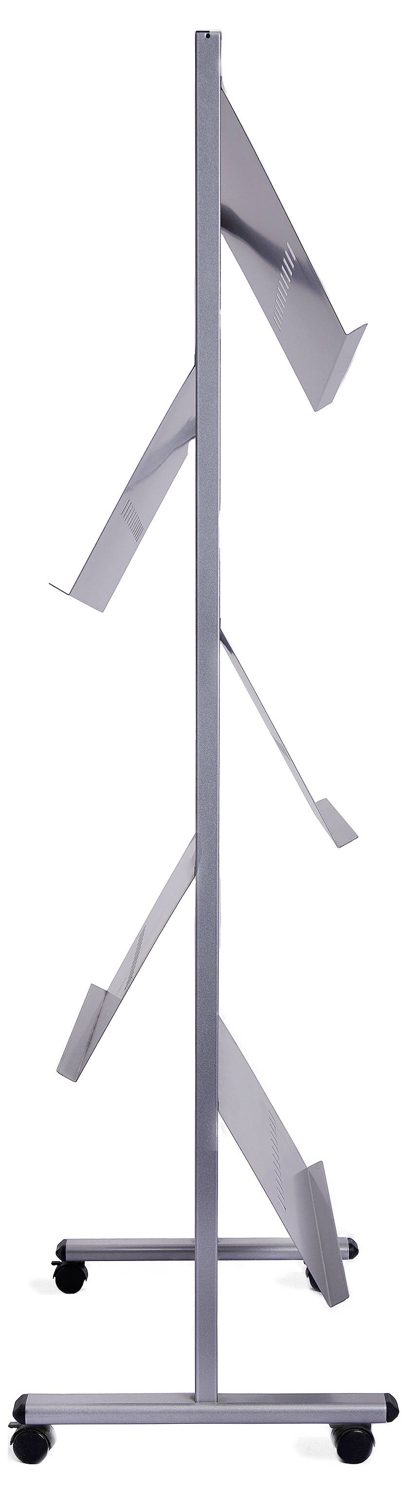 Metalowy stojak na prospekty z pięcioma półkami, widziany z boku, na kółkach, przeznaczony do prezentacji broszur lub czasopism.