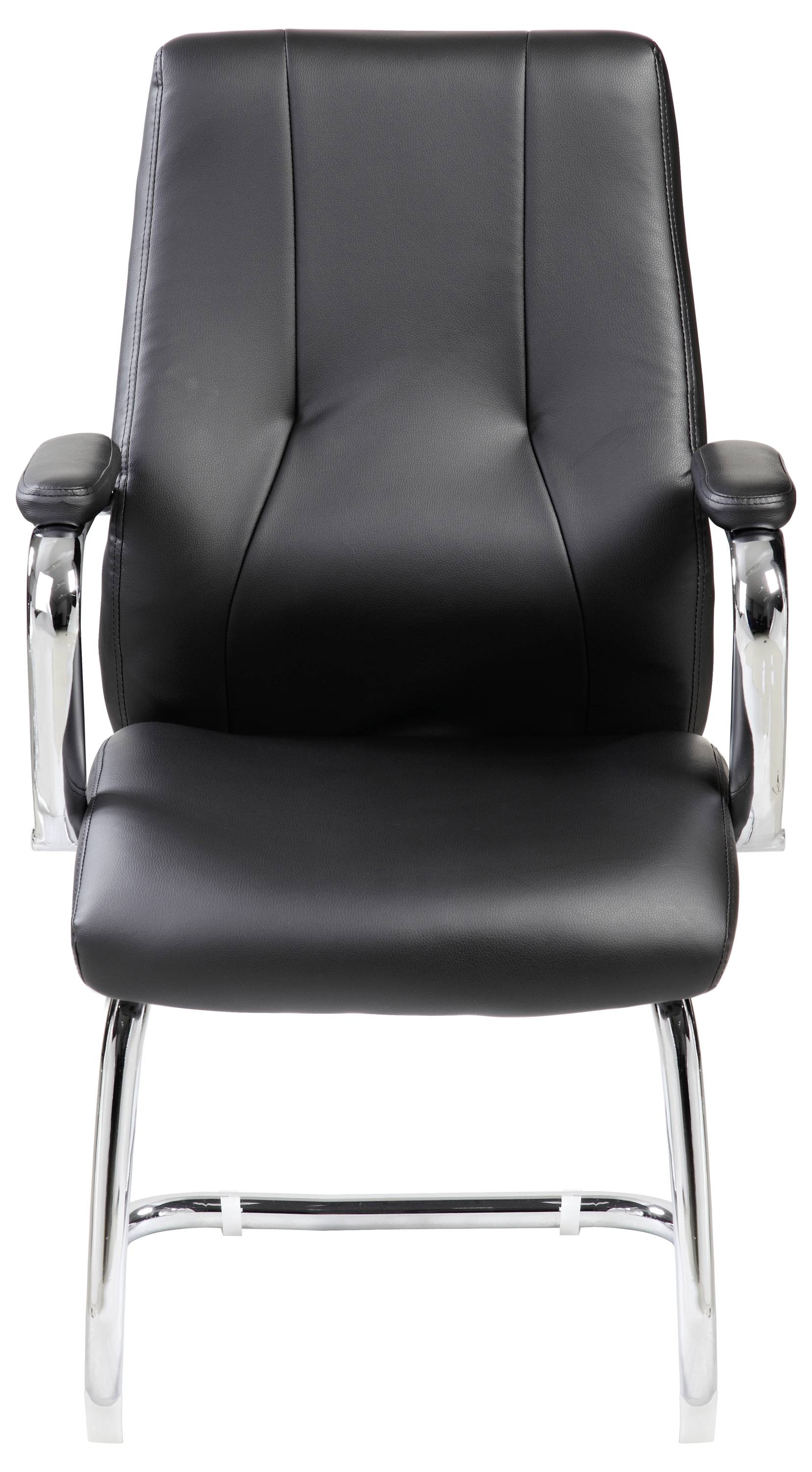 Czarny fotel biurowy z podłokietnikami i chromowaną metalową podstawą.