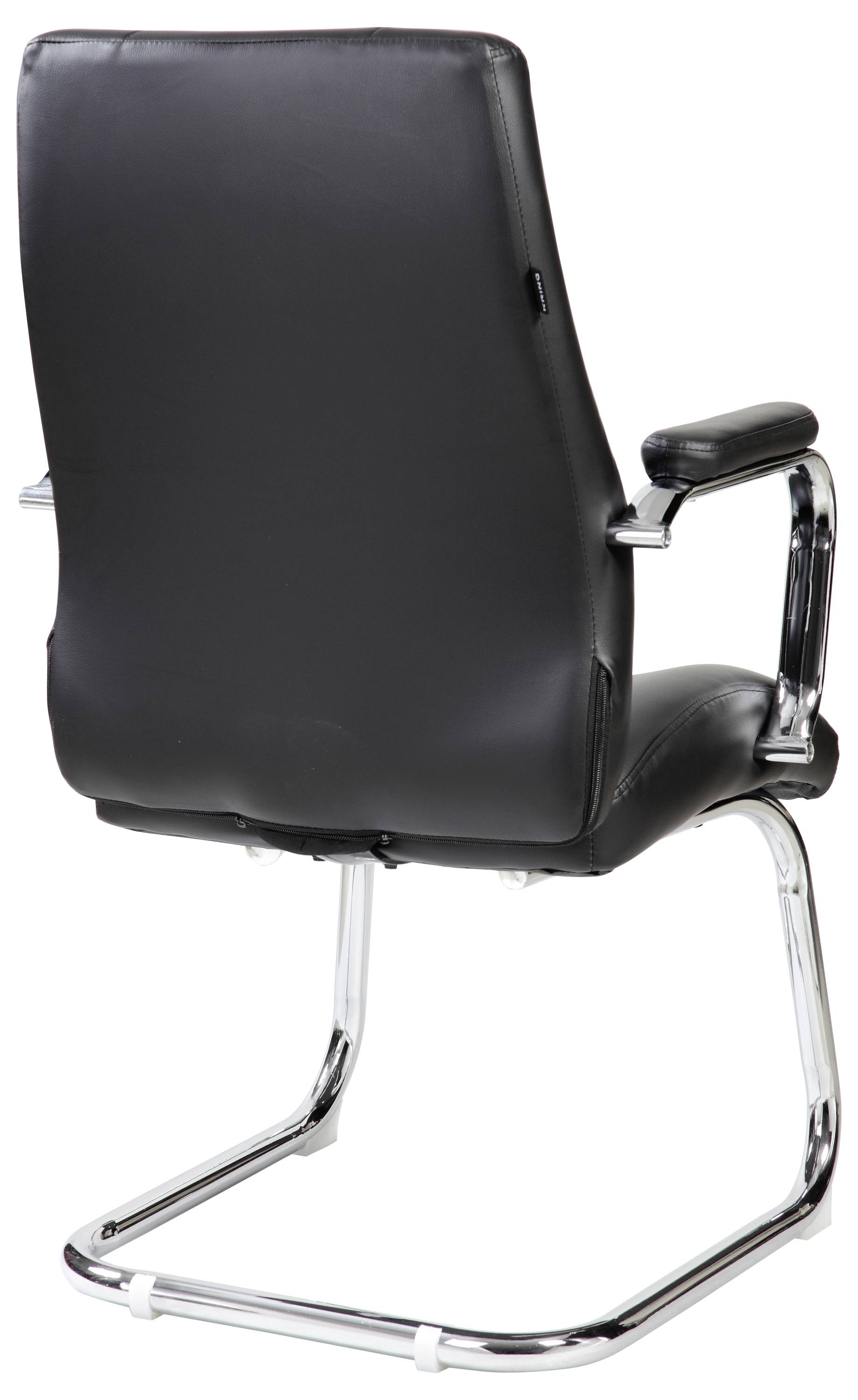 Czarny fotel biurowy z wysokim oparciem i chromowaną podstawą, widok od tyłu. Idealny do wyposażenia biura.