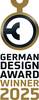 Logo German Design Award 2025 z wyostylizowanym kołem i haczykiem, pod spodem napis 'German Design Award Winner 2025'.
