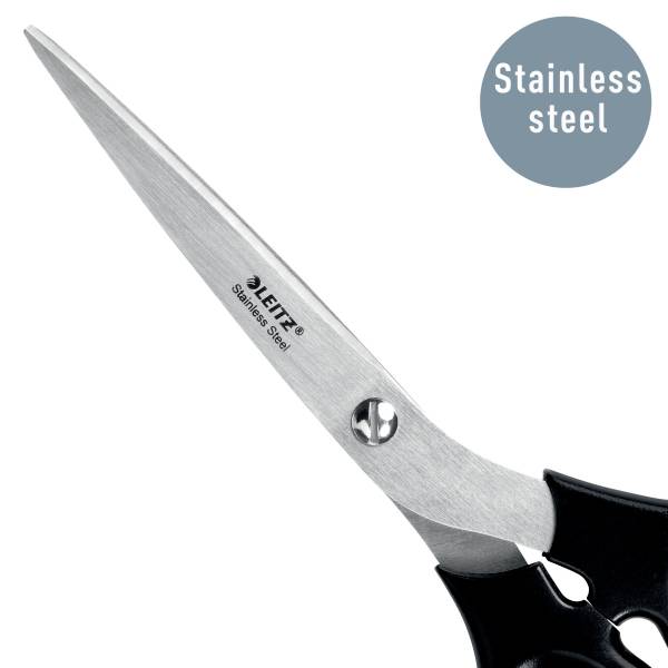 Metalowe nożyczki z napisem 'Stainless Steel' na niebieskim kole w górnym prawym rogu.