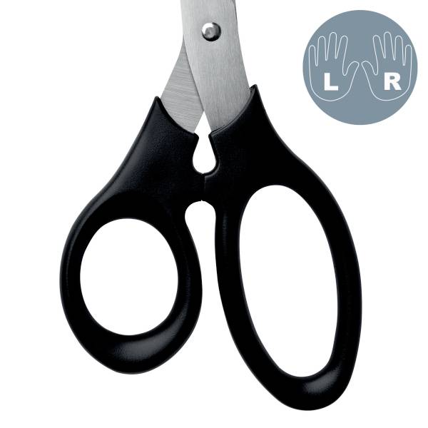 Czarne nożyce z dwoma uchwytami i srebrnymi ostrzami. Po prawej stronie znajduje się symbol oznaczający, że są przeznaczone do użytku dla osób leworęcznych.