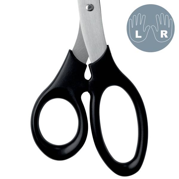 Nożyczki z czarnymi uchwytami. Obok symbol z dwiema dłońmi oraz literami 'L' i 'R'.