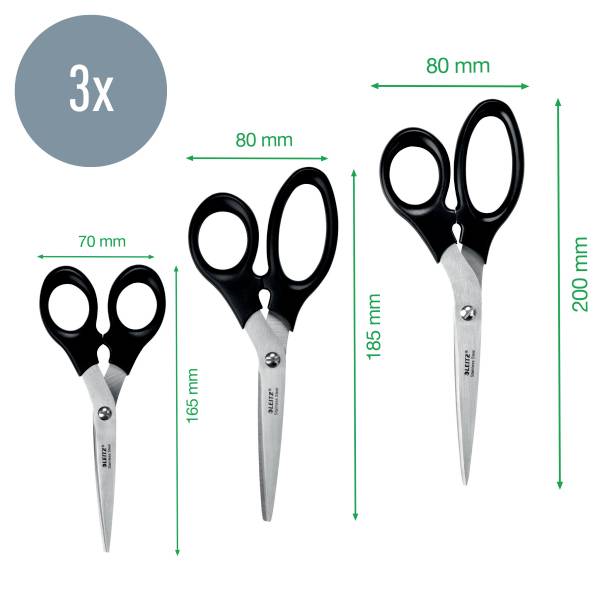 Trzy nożyczki w różnych rozmiarach: 165 mm, 185 mm i 200 mm wysokości. Szerokość uchwytu 70 mm i 80 mm. Czarne uchwyty, srebrne ostrza.