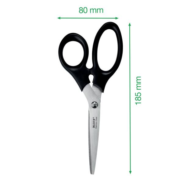 Czarne nożyczki na białym tle, długie na 185 mm i szerokie na 80 mm, z napisem na ostrzu.