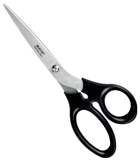 Nożyczki z czarnymi uchwytami, rozłożone, leżą na białym tle. Mają ostre, srebrne ostrza i są używane do prac wymagających cięcia.