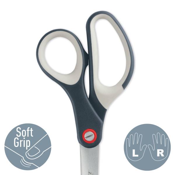 Nożyczki z ergonomicznym, miękkim uchwytem, odpowiednie dla osób leworęcznych i praworęcznych, przedstawione z ikonkami i opisami.