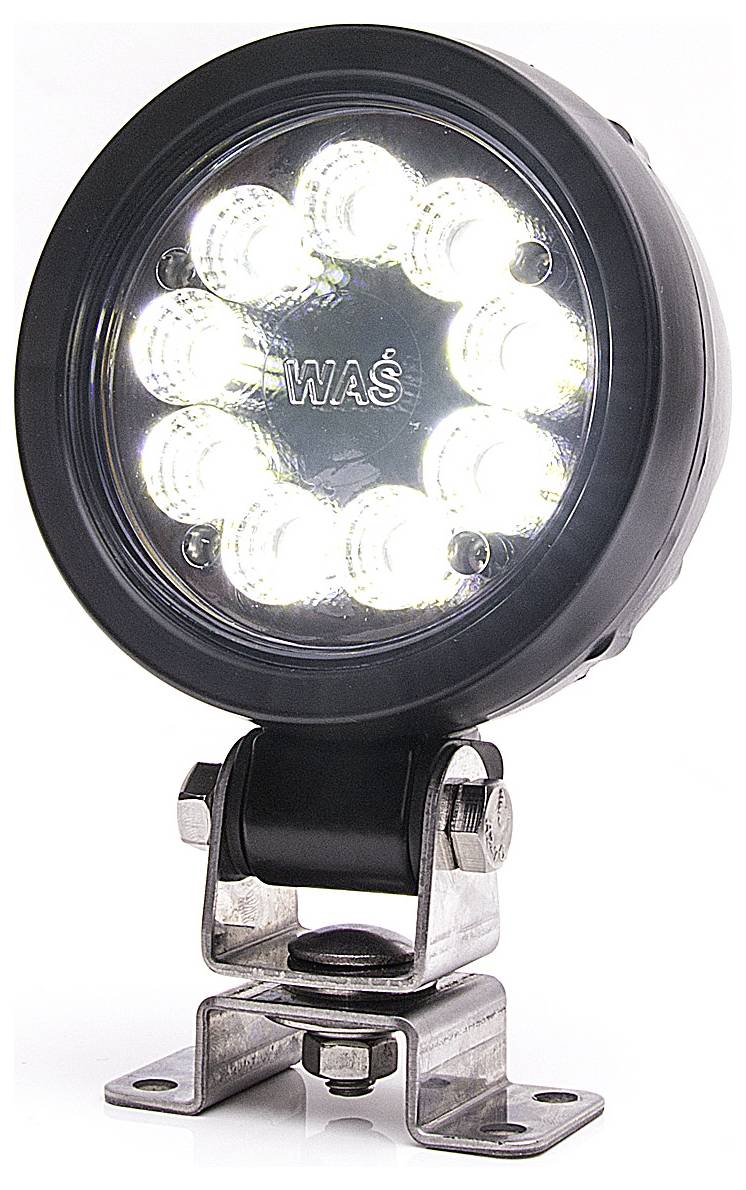 Okrągła lampa robocza LED z dziewięcioma świecącymi diodami LED i metalowym uchwytem.