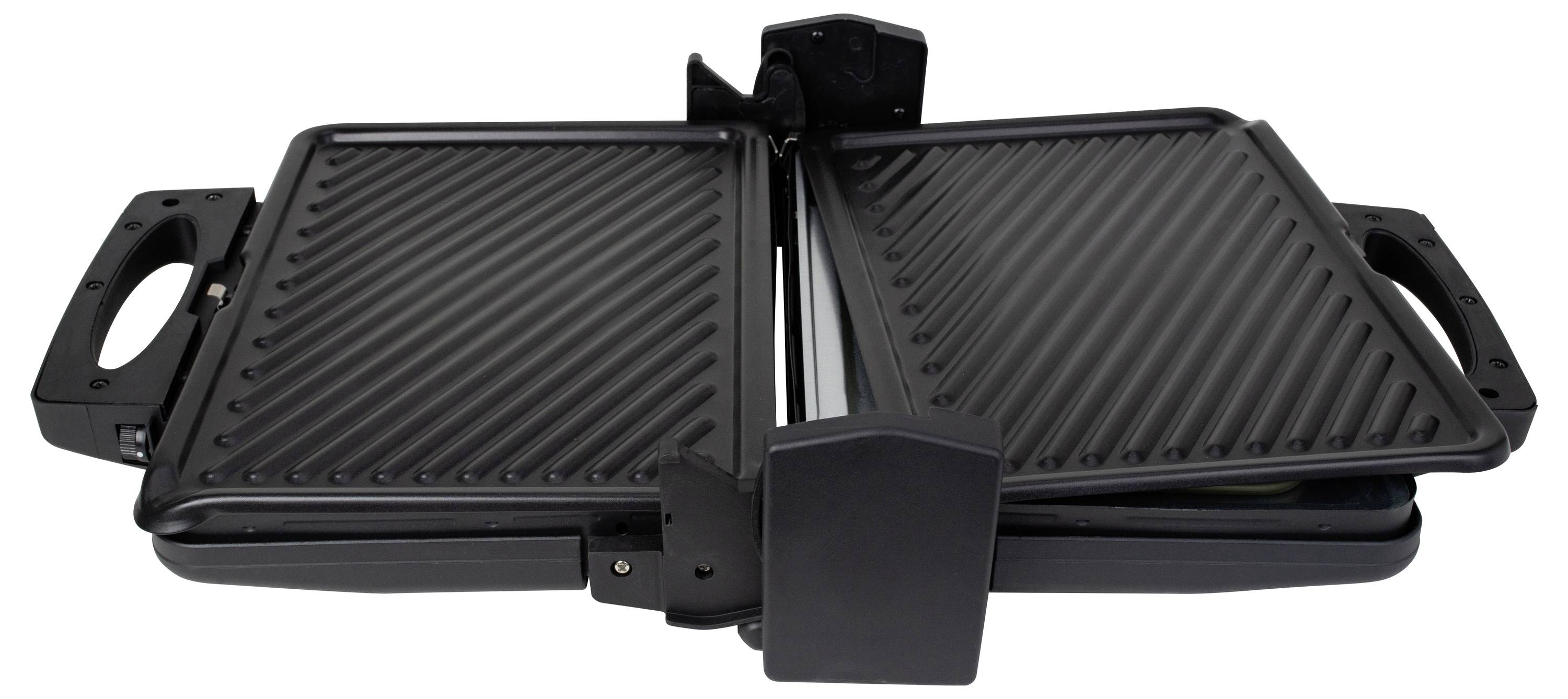 Elektryczny grill kontaktowy w otwartej pozycji z ryflowanymi płytkami grillowymi i uchwytami po bokach, gotowy do przygotowania potrawy.