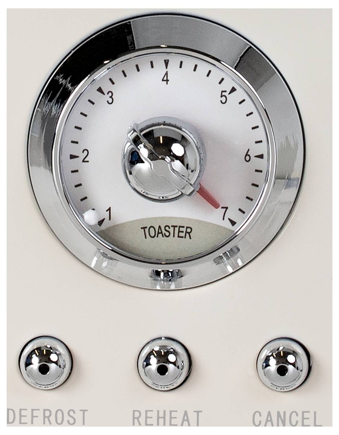 Srebrny pokrętny przełącznik na tosterze wskazuje liczbę 4. Poniżej znajdują się trzy przyciski: 'Rozmrażanie', 'Podgrzewanie' i 'Anuluj'.