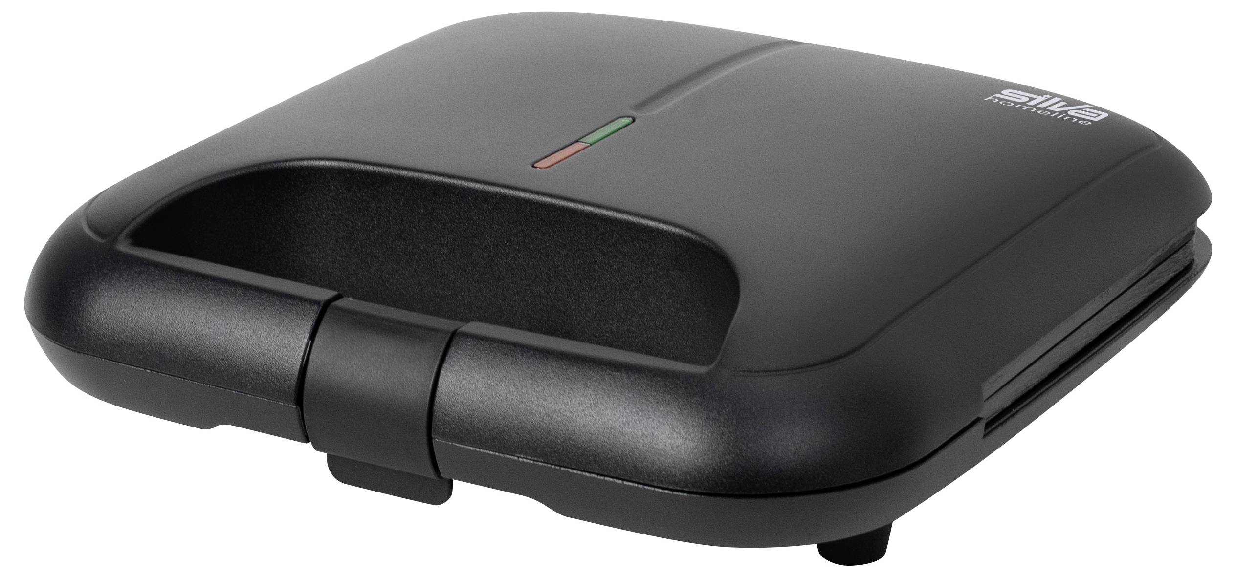 Czarny opiekacz do kanapek z zamkniętą pokrywą, czerwone i zielone lampki kontrolne na górnej powierzchni, odpowiedni do przygotowywania kanapek.