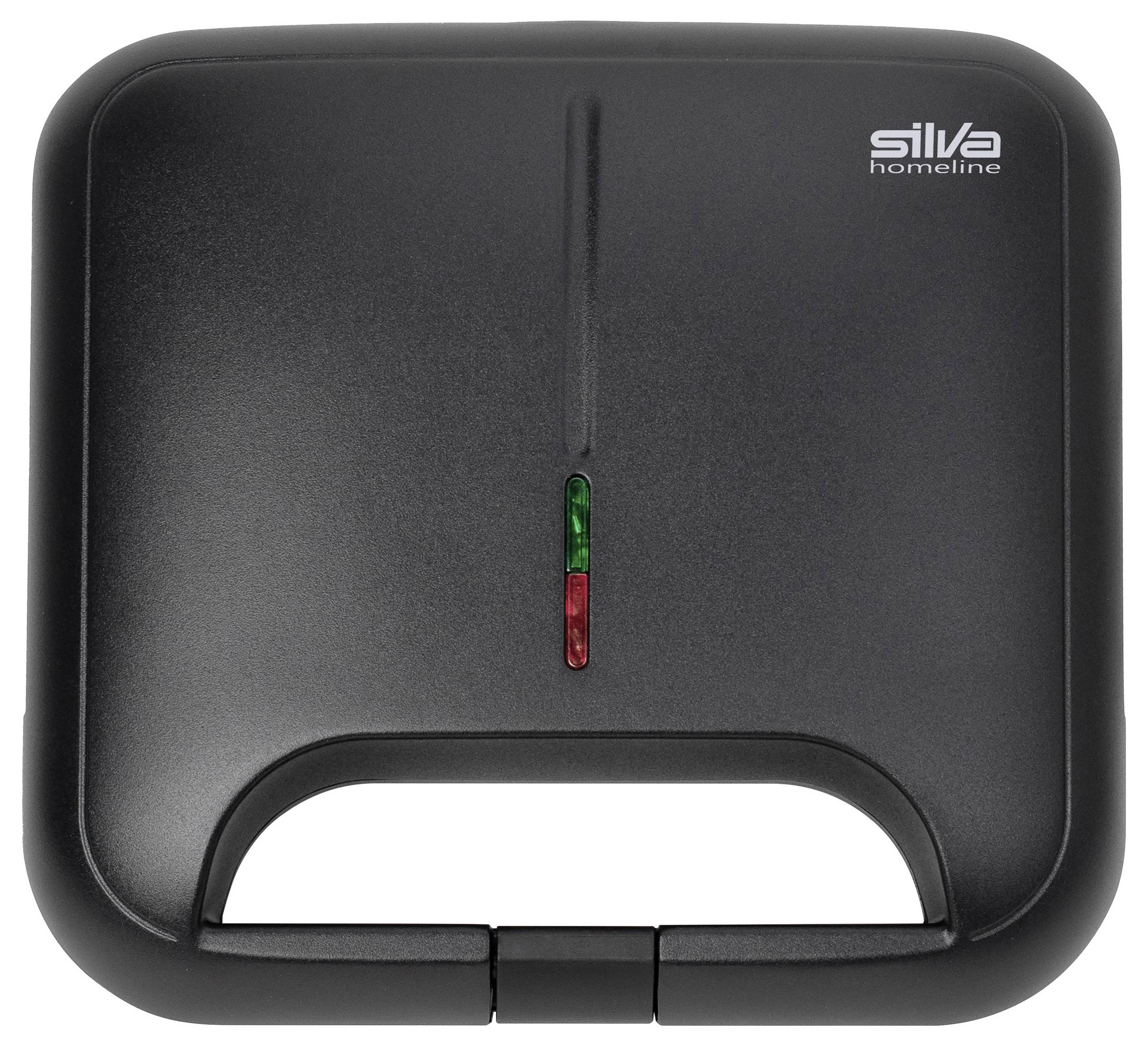 Czarny toster do kanapek z zamkniętą klapą, zielona i czerwona dioda kontrolna na górnej powierzchni, nazwa marki 'Silva homeline'.