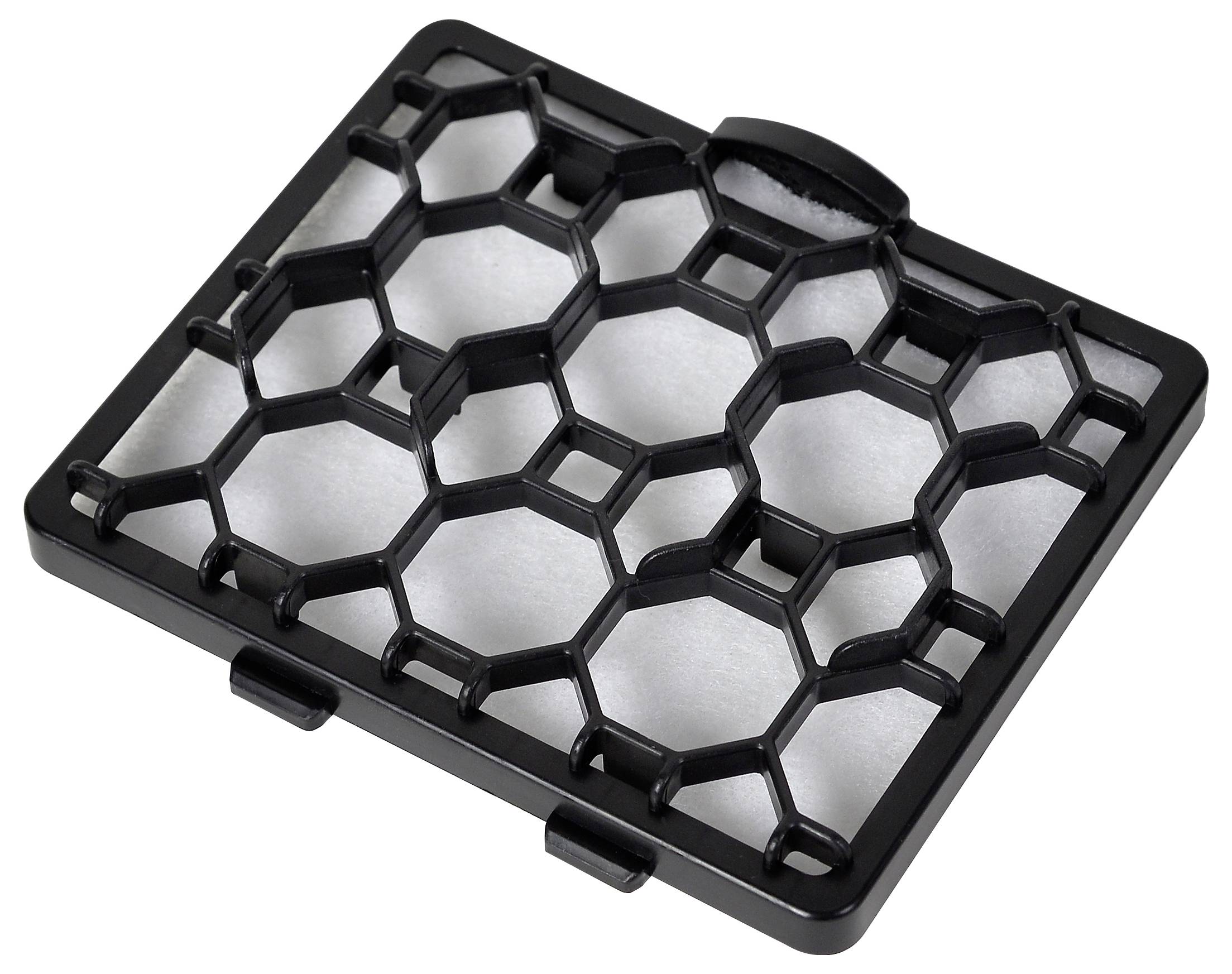 Prostokątny filtr powietrza z sześciokątną plastikową kratką, która mocuje biały filtr, prezentuje widoczną strukturę i design.