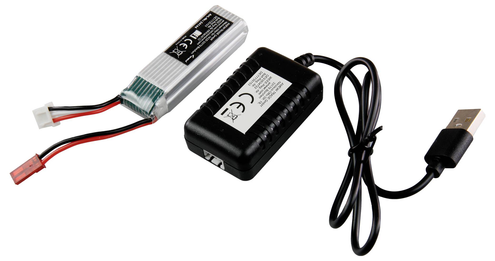 Kabel ładujące z interfejsem USB, połączone z czarnym adapterem i akumulatorem LiPo. Idealne do modelarstwa RC.